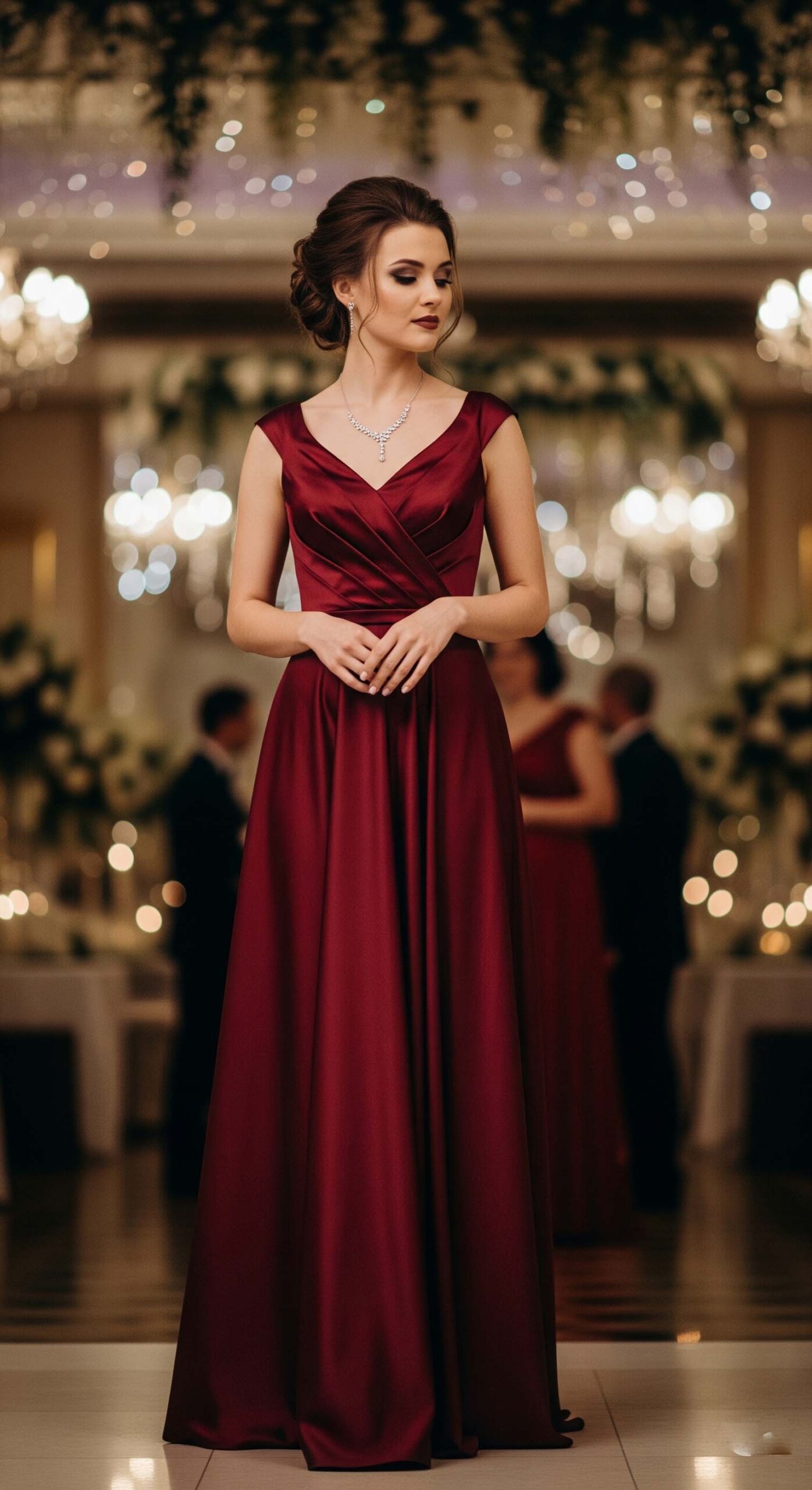 Look da invitata per un matrimonio di sera: donna indossa un elegante abito da cerimonia lungo color burgundy in una sala ricevimenti.