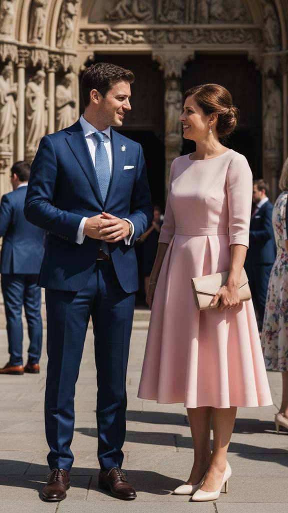 Coppia di invitati a un battesimo fuori dalla chiesa: lui indossa un abito blu navy e lei un vestito midi rosa cipria.