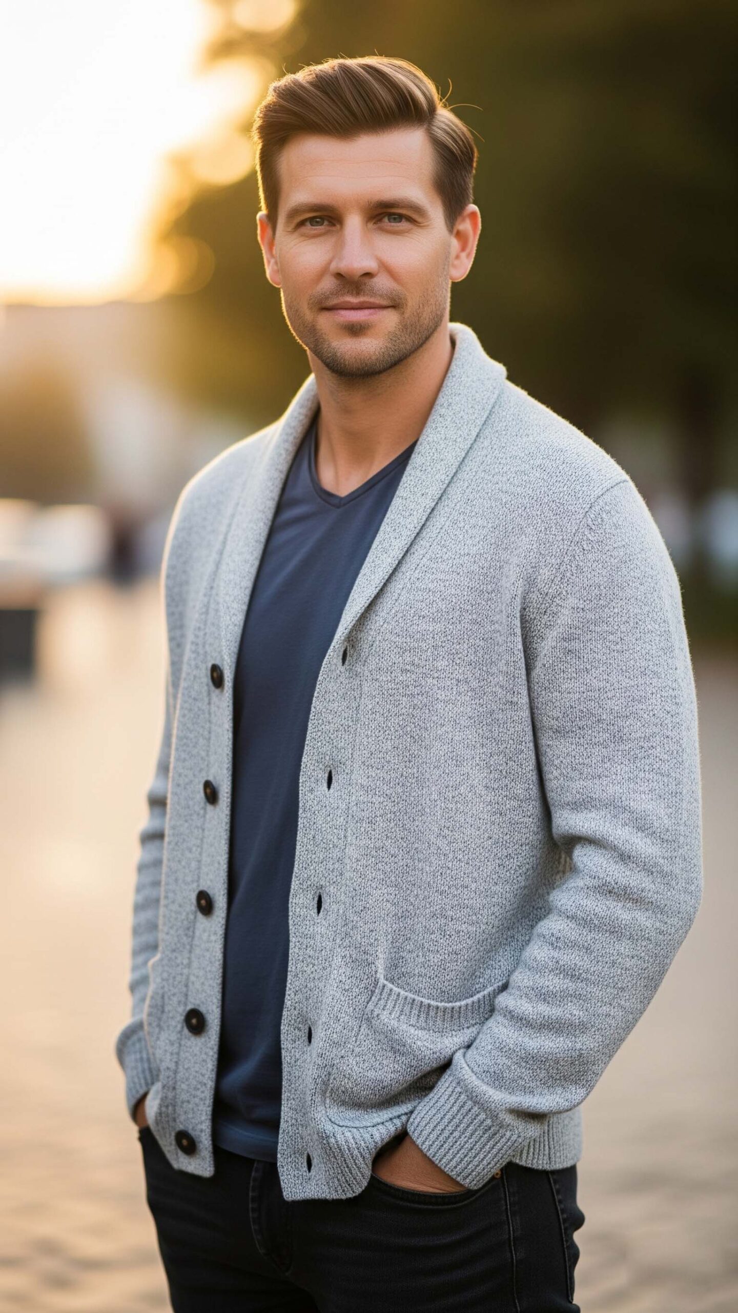 Un uomo sorridente con un outfit da uomo per settembre a Salerno, che indossa un cardigan leggero grigio su una maglietta blu, ideale per la mezza stagione.