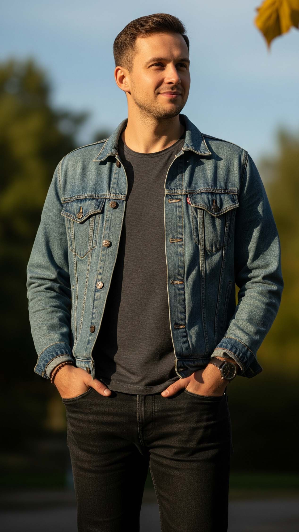 Uomo in un outfit ideale per settembre a Salerno, con giacca di jeans blu chiaro e t-shirt scura, mostrando come vestirsi a strati nella mezza stagione.