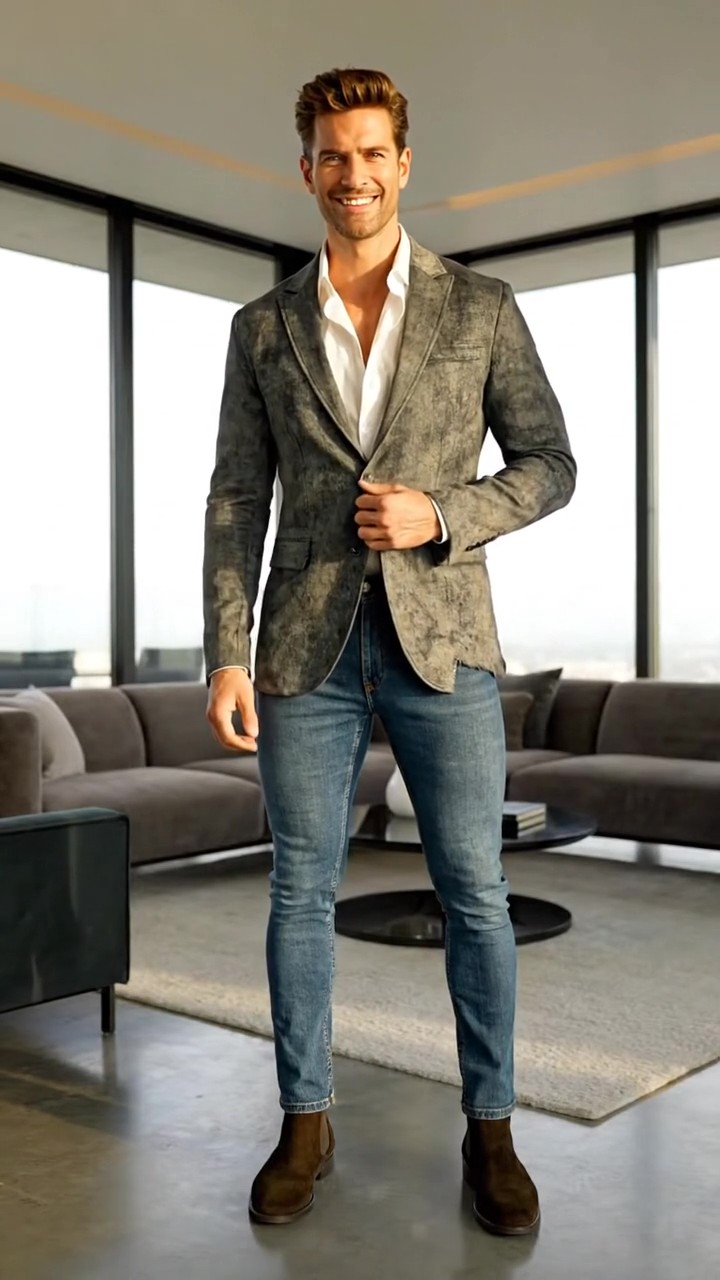 Uomo con blazer grigio destrutturato, camicia bianca button-down e jeans, un perfetto look smart casual.