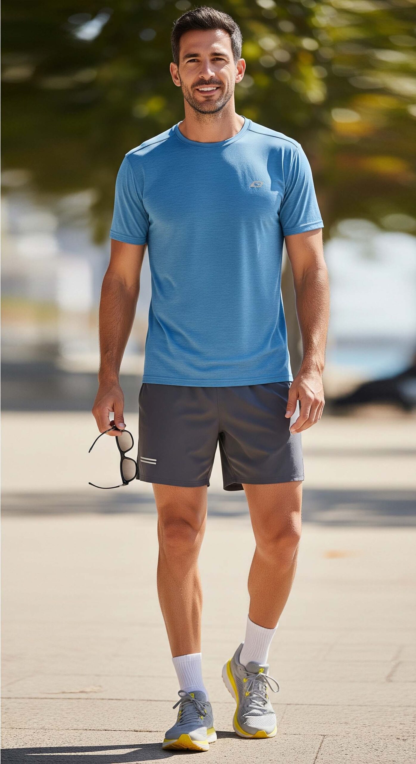 Uomo con un outfit sportivo estivo, ideale per l'attività fisica, che indossa una maglia blu in tessuto tecnico, pantaloncini grigi e scarpe da ginnastica.

