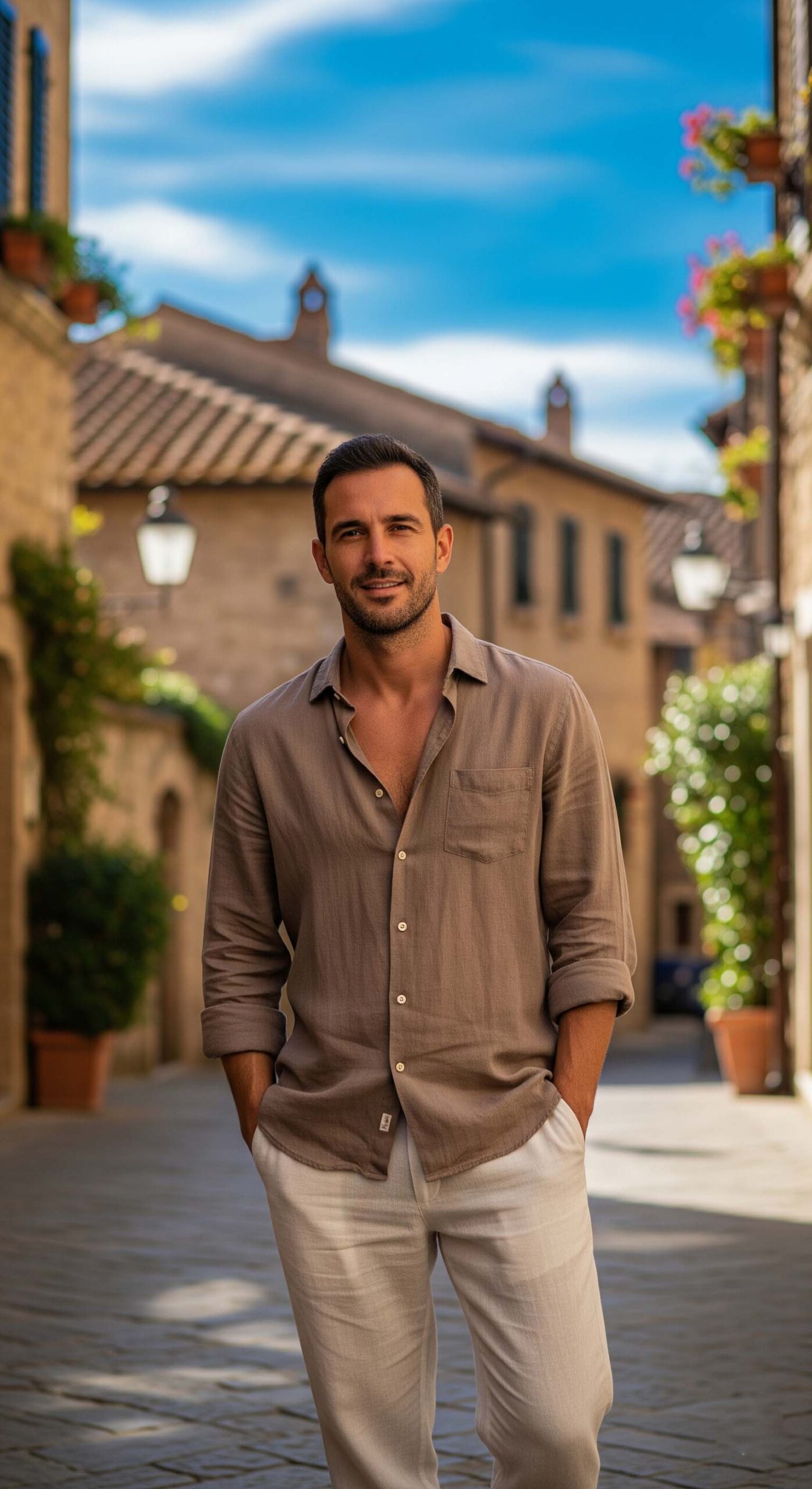 Un uomo mostra come vestirsi in estate con un outfit elegante in lino, composto da camicia marrone e pantaloni bianchi, in un borgo italiano.

