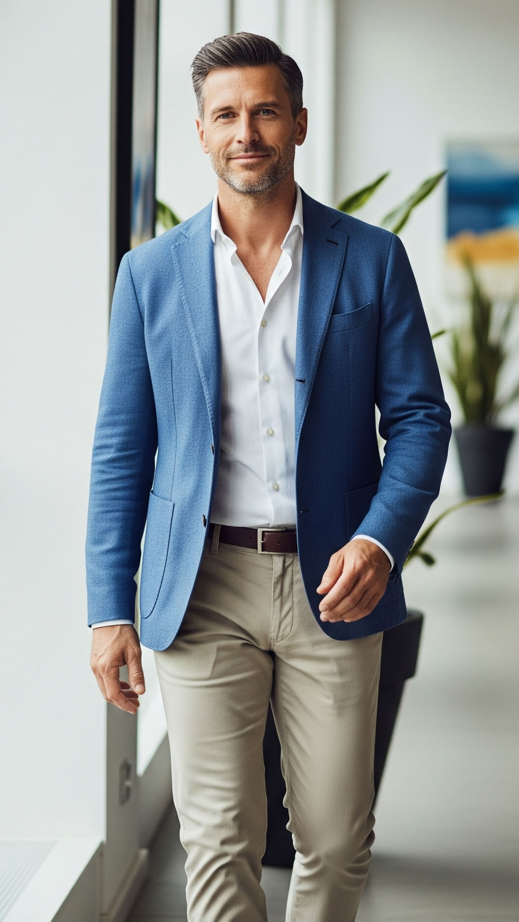 Outfit uomo smart casual per settembre con blazer blu sfoderato e pantaloni chino beige, look elegante da ufficio.