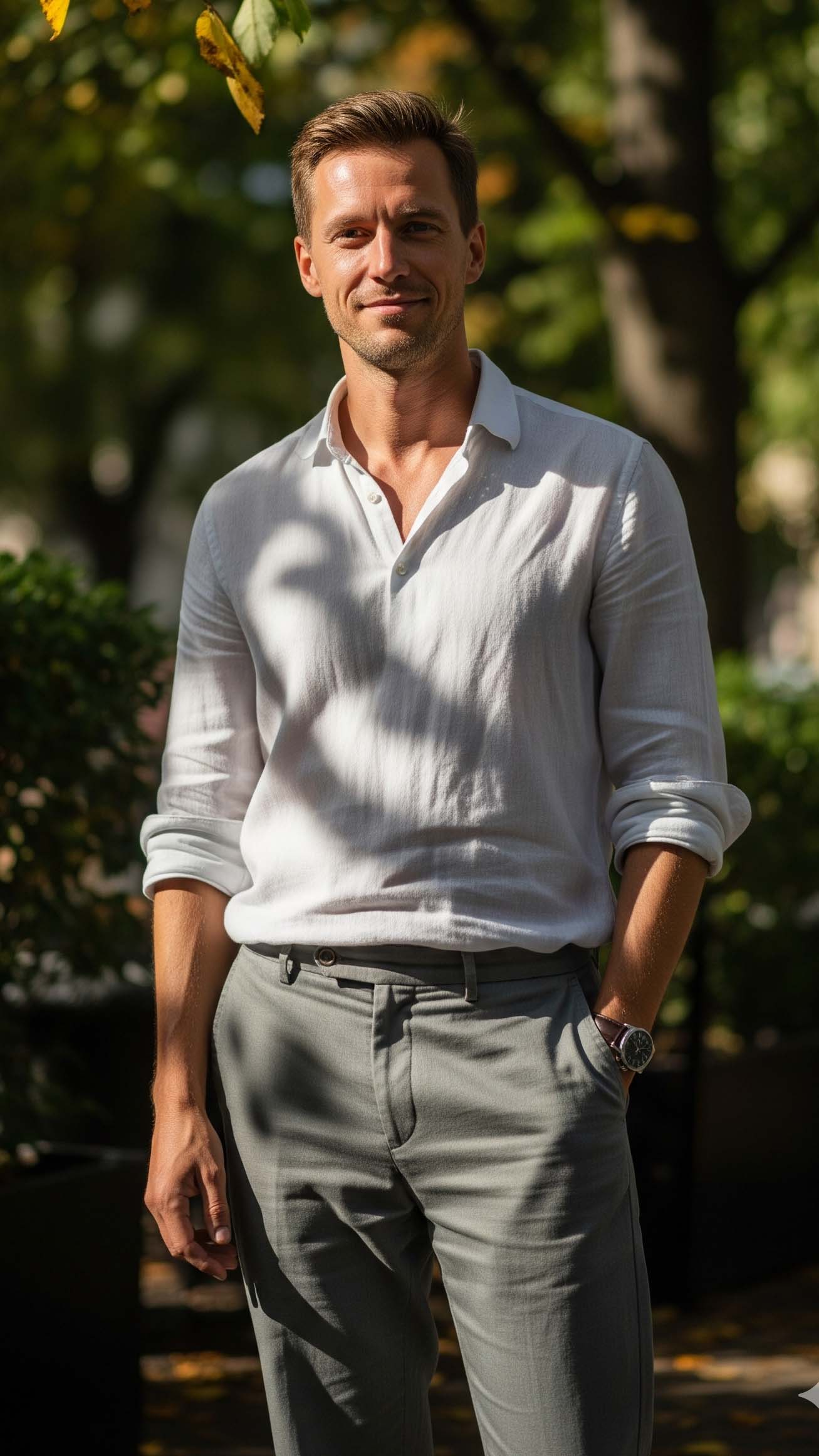 Un uomo con un look per settembre che mostra come vestirsi nella mezza stagione: indossa una camicia di lino bianca e pantaloni chiari.