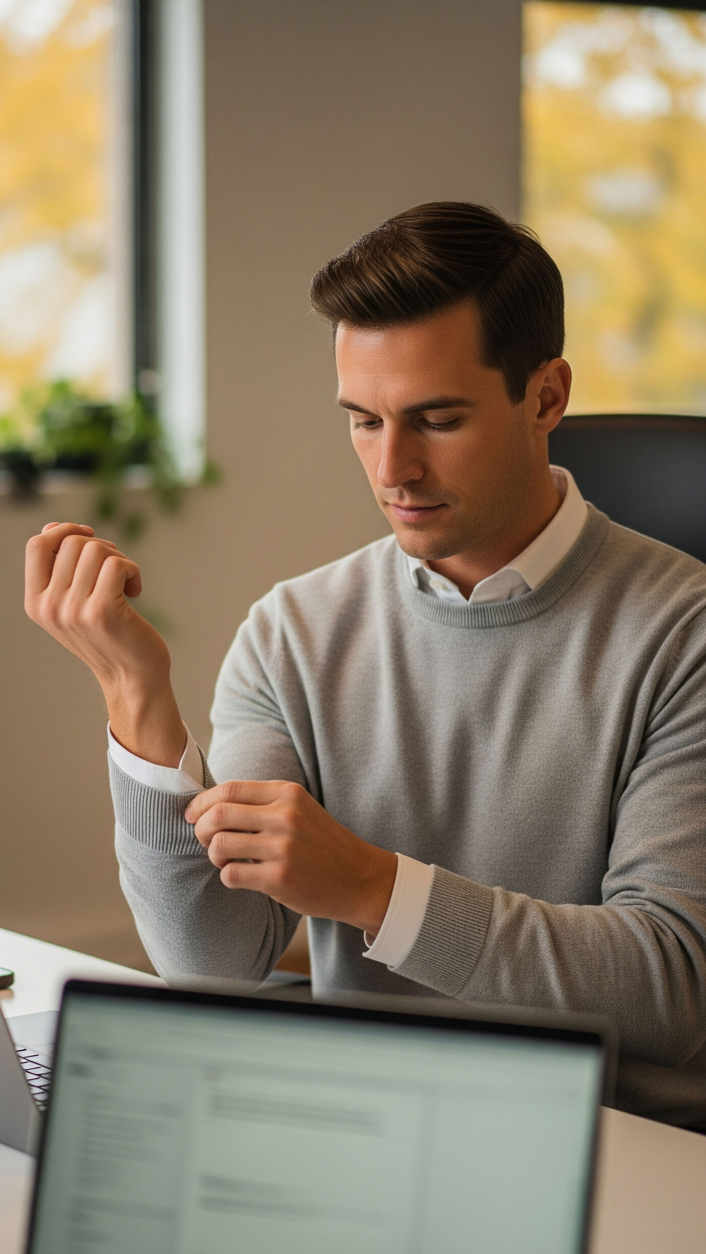 Outfit uomo per settembre in ufficio con camicia bianca e maglioncino leggero in lana merino grigia, look smart casual professionale.
