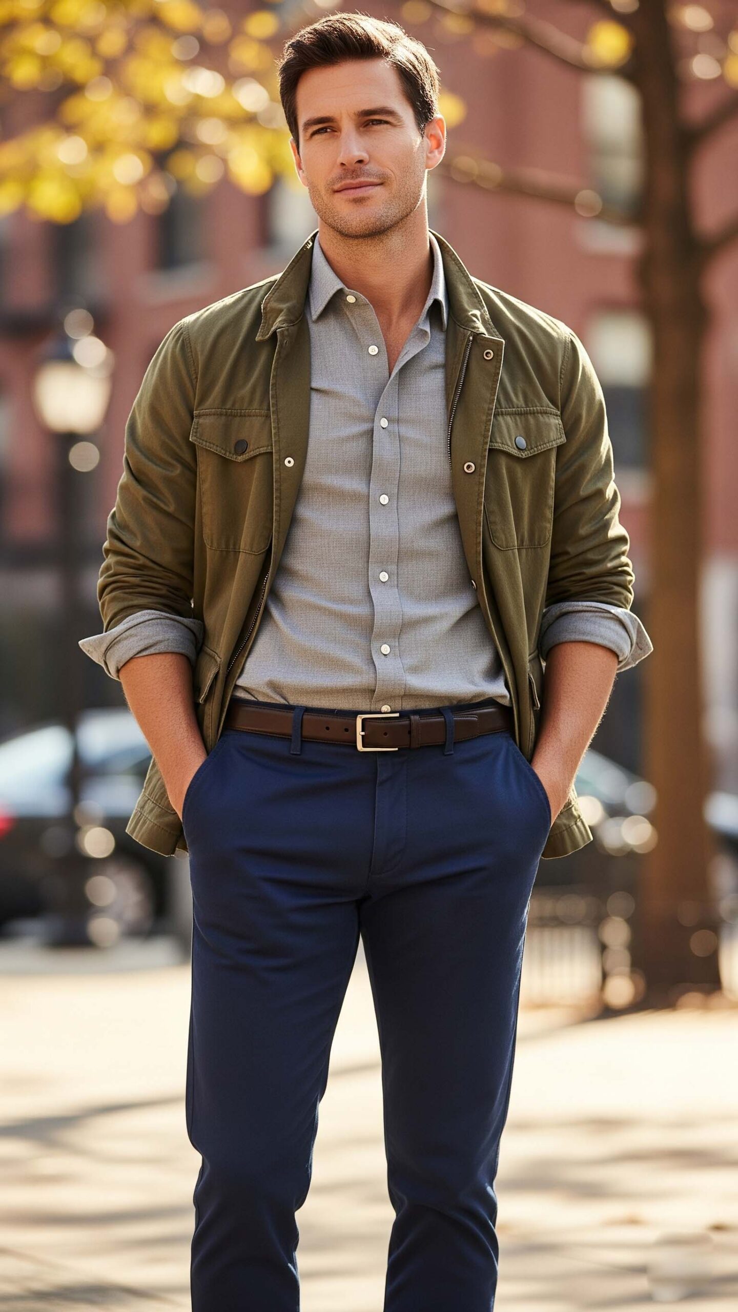 Un uomo con un look da uomo per settembre a Salerno, che indossa una giacca sahariana verde, una camicia grigia e pantaloni chino blu navy, perfetto per la mezza stagione