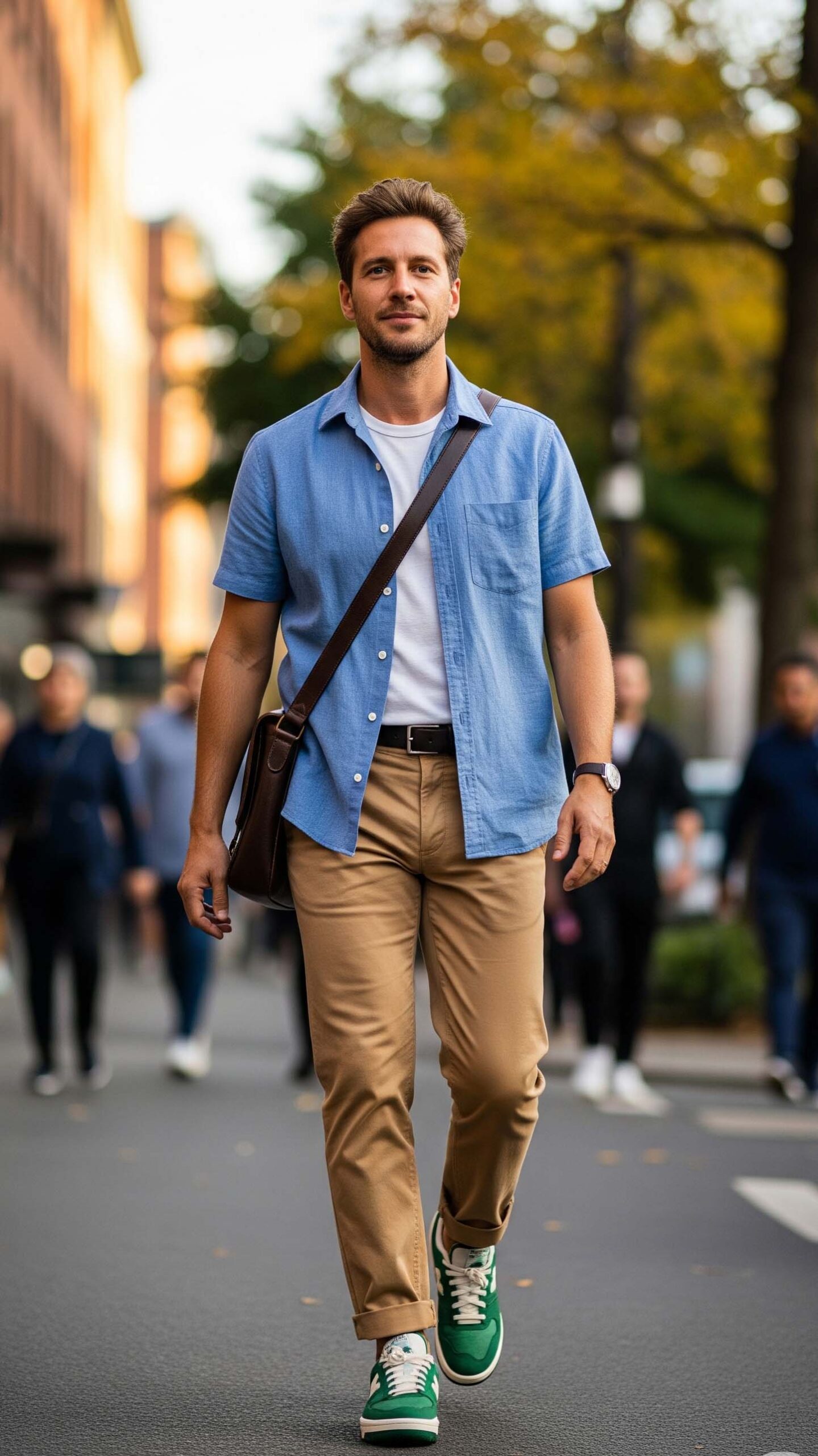 Uomo con un look casual per settembre, indossa pantaloni chino color sabbia, sneakers verdi e una camicia azzurra per un perfetto outfit di mezza stagione.


