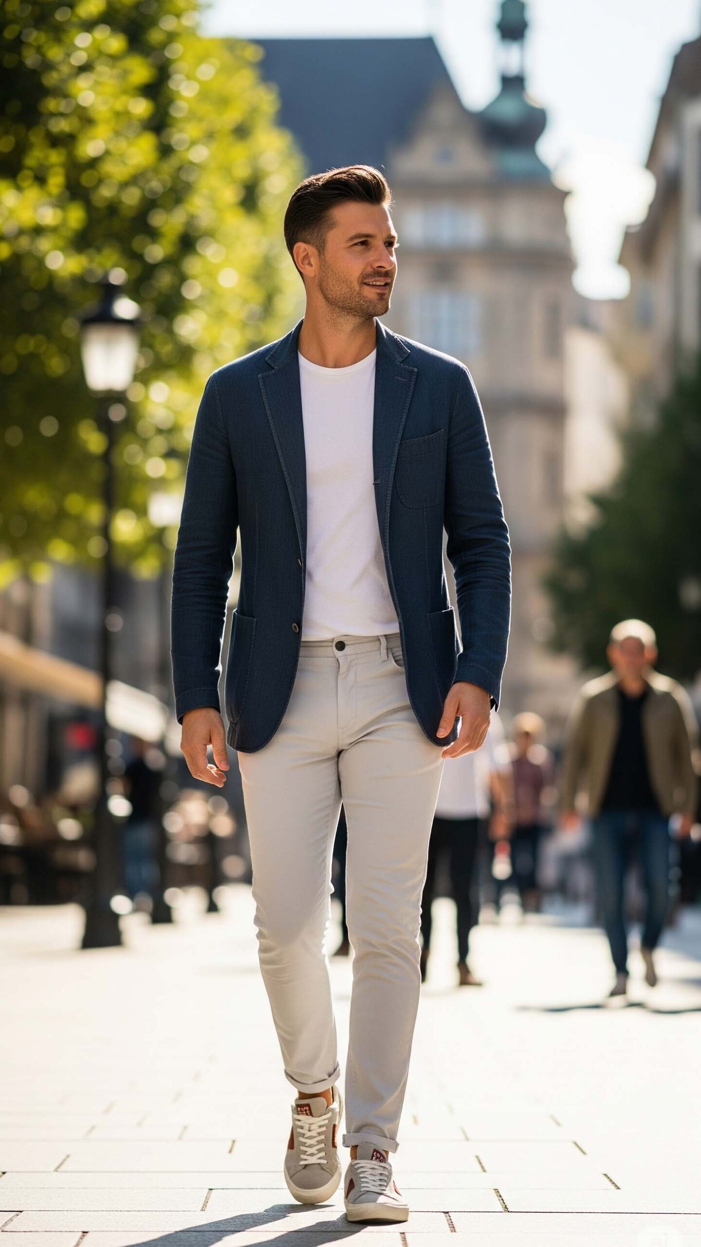 Uomo con un outfit smart casual per settembre, indossa un abito spezzato con blazer blu, pantaloni chiari e sneakers in pelle non bianche.

