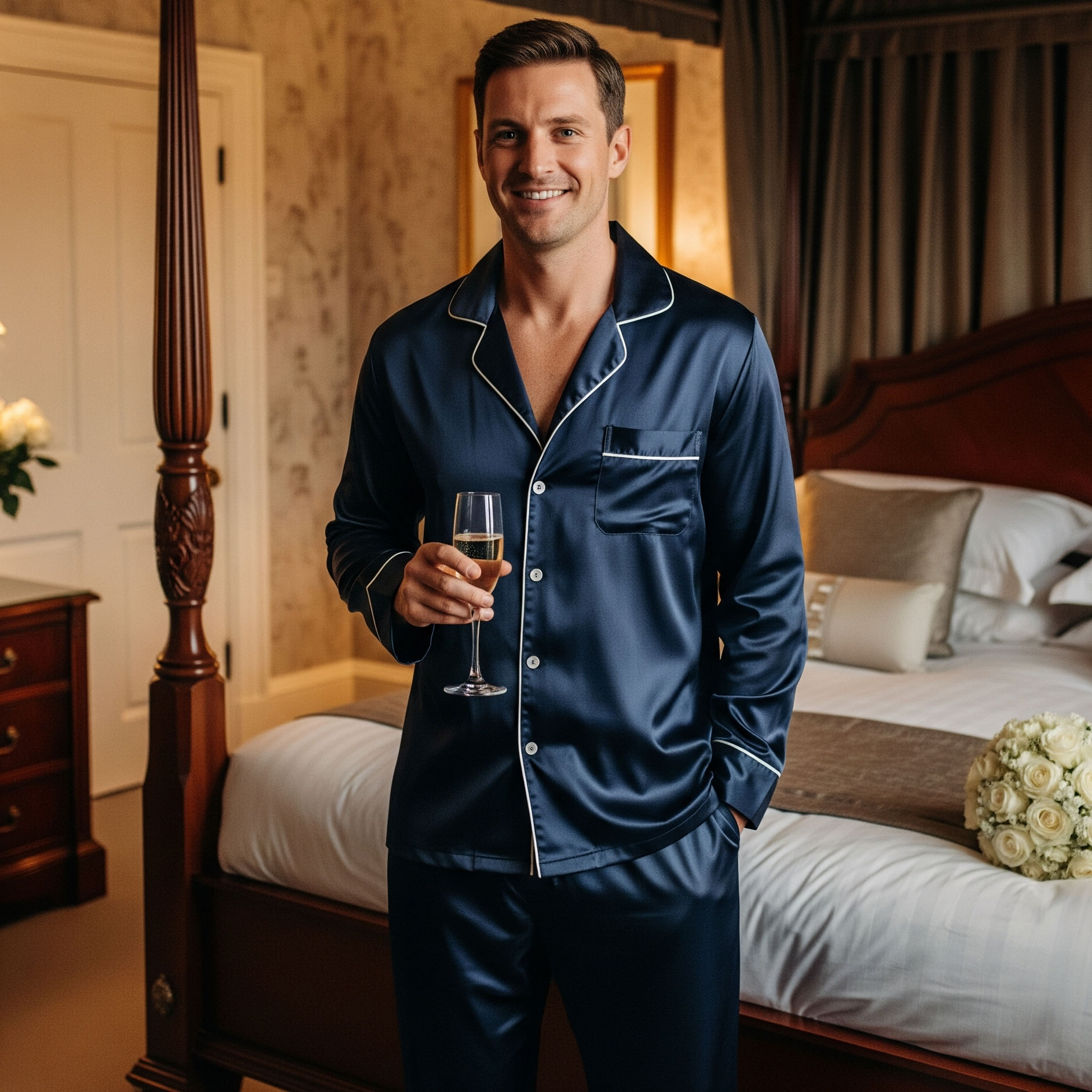 Uomo indossa un elegante pigiama di seta blu per la prima notte di nozze, sorridendo in una camera d'hotel di lusso.

