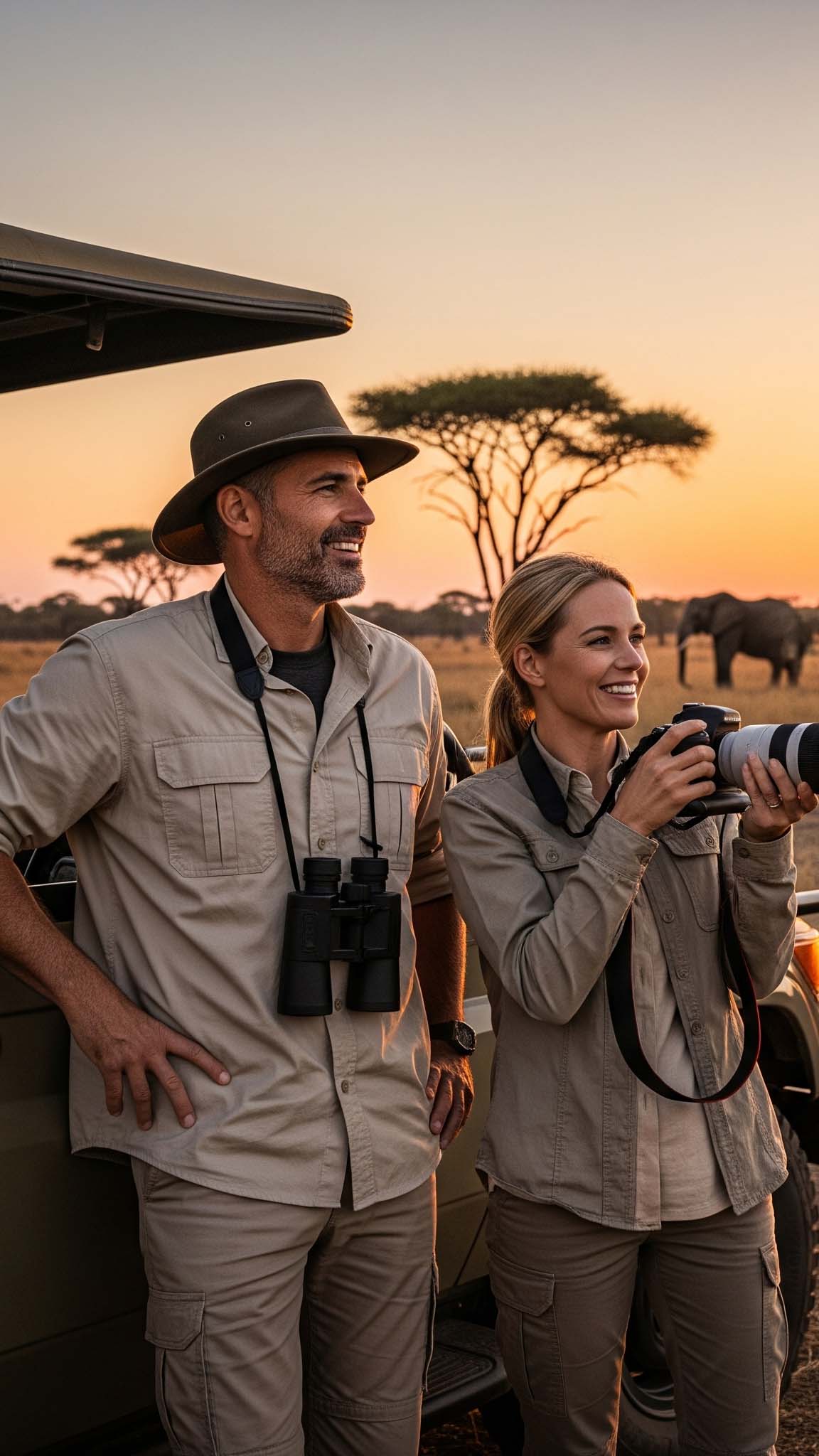 Coppia uomo e donna in abbigliamento safari color kaki e cappelli, con macchina fotografica e binocolo, ammirano il tramonto nella savana con elefanti sullo sfondo. Illustra i capi neutri per un safari.

