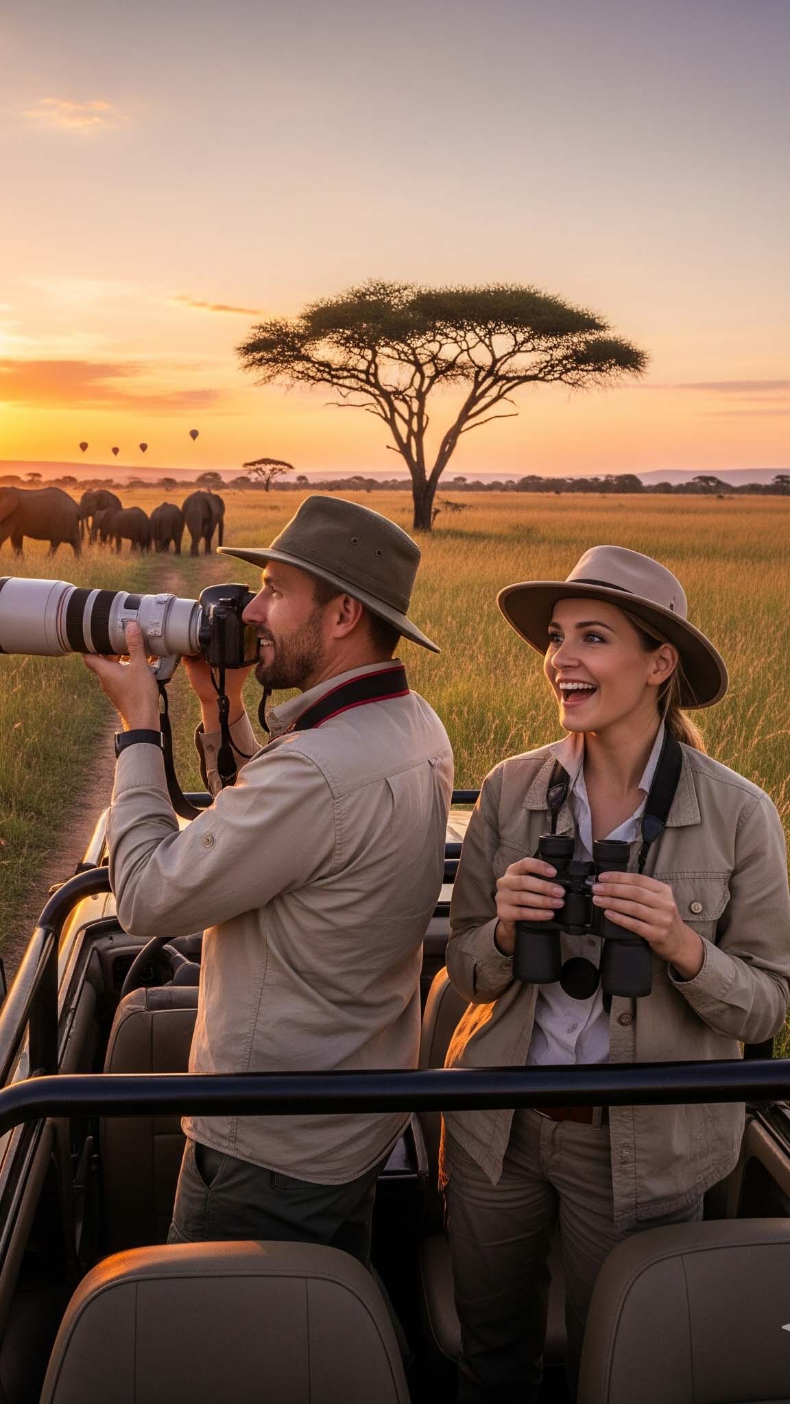 Coppia uomo e donna vestiti con abbigliamento safari neutro su jeep all'alba in Africa, con macchina fotografica e binocolo per avvistare animali. Ottima immagine per la guida su come vestirsi per un safari.

