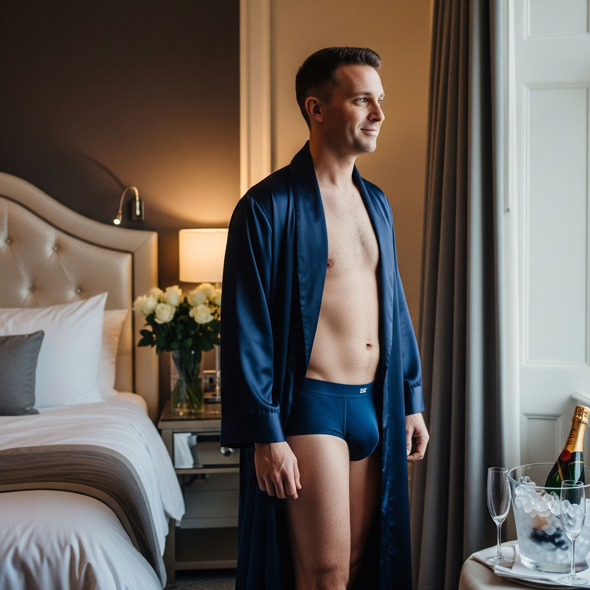 Uomo indossa slip blu scuro e una vestaglia di seta per la prima notte di nozze.

