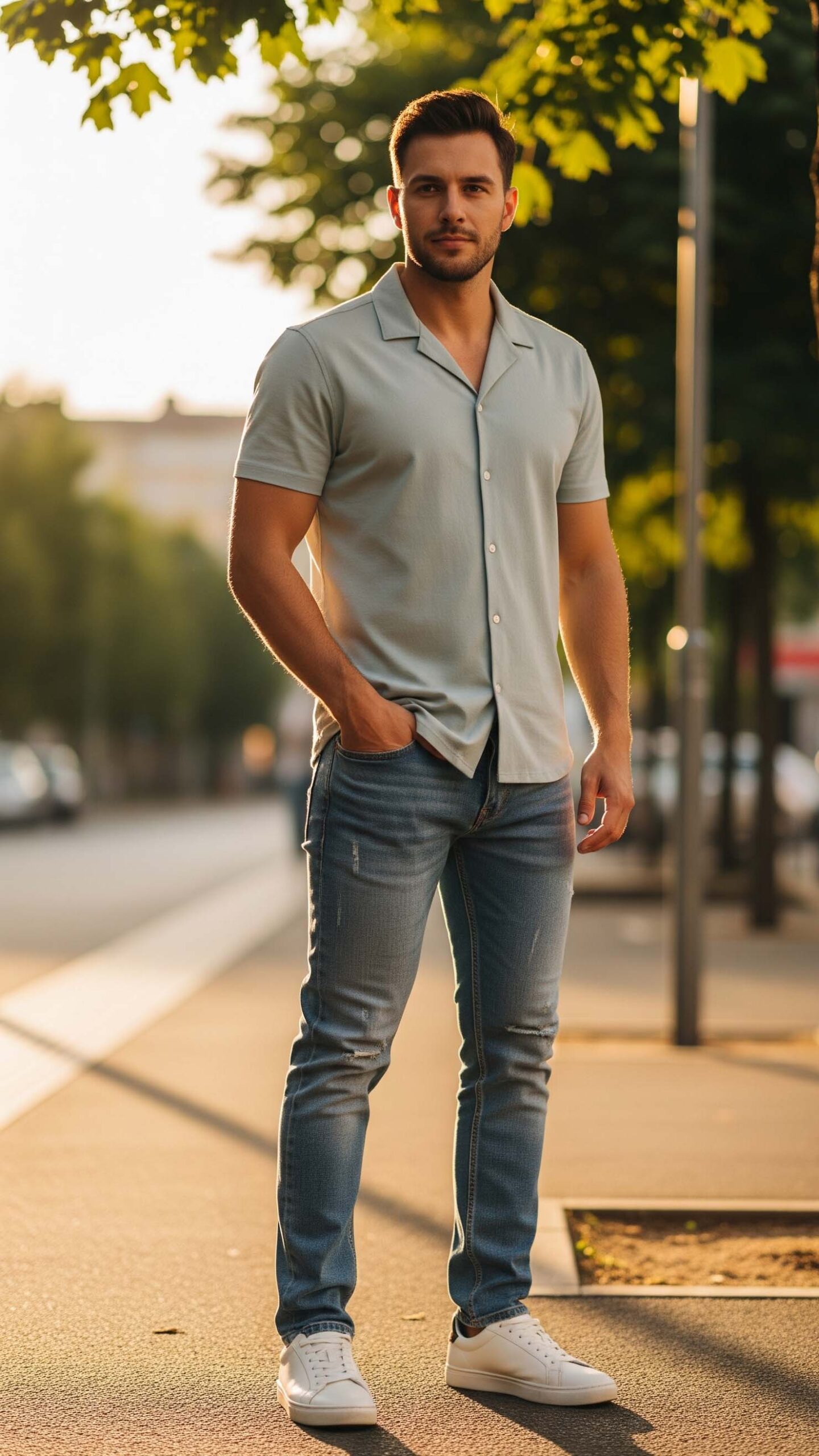 Uomo con un outfit casual di mezza stagione per settembre, indossa jeans chiari, sneakers bianche in pelle e una polo a maniche corte.