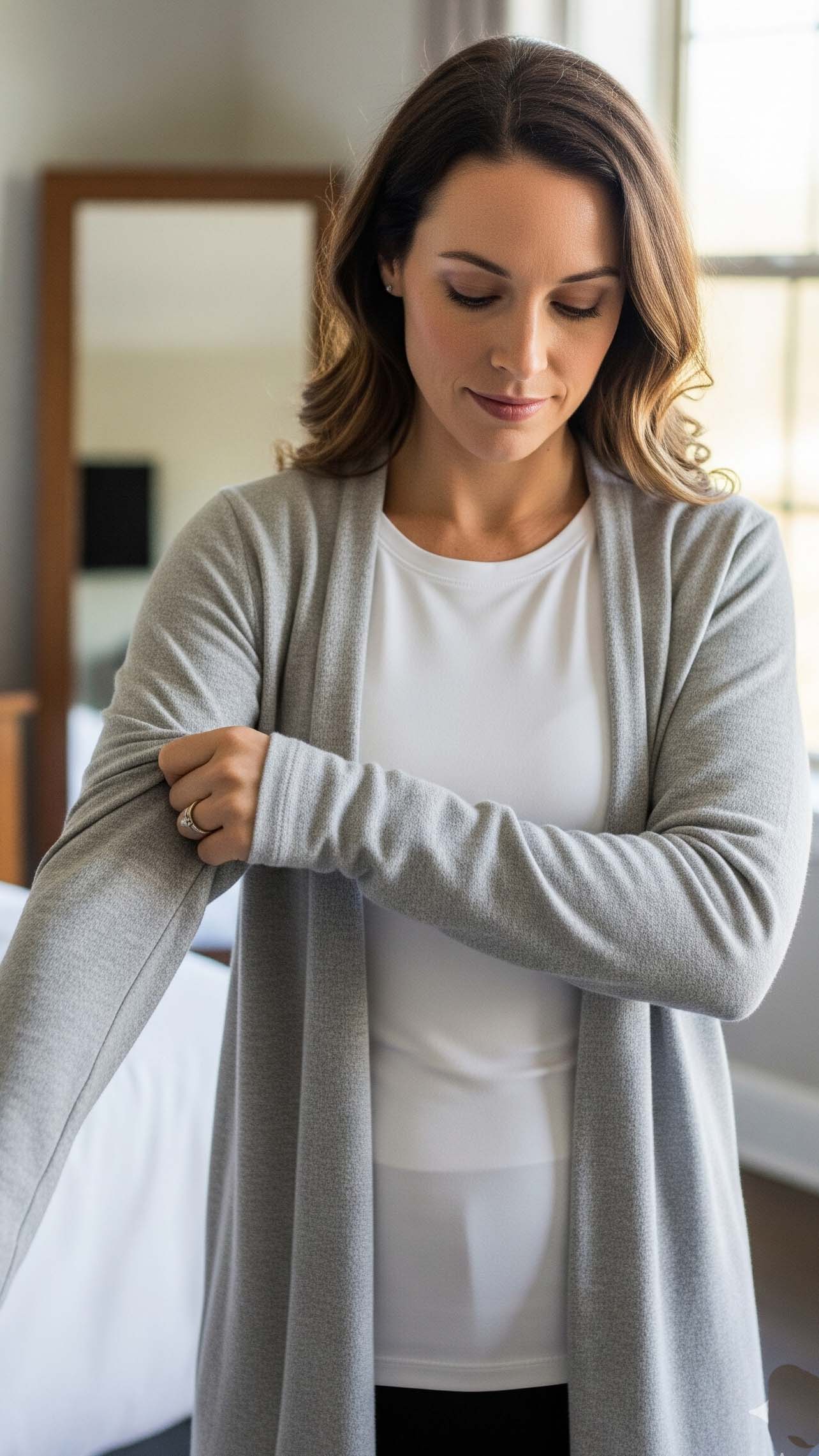 Donna indossa un cardigan leggero sopra una maglia, secondo strato ideale per vestirsi a settembre.