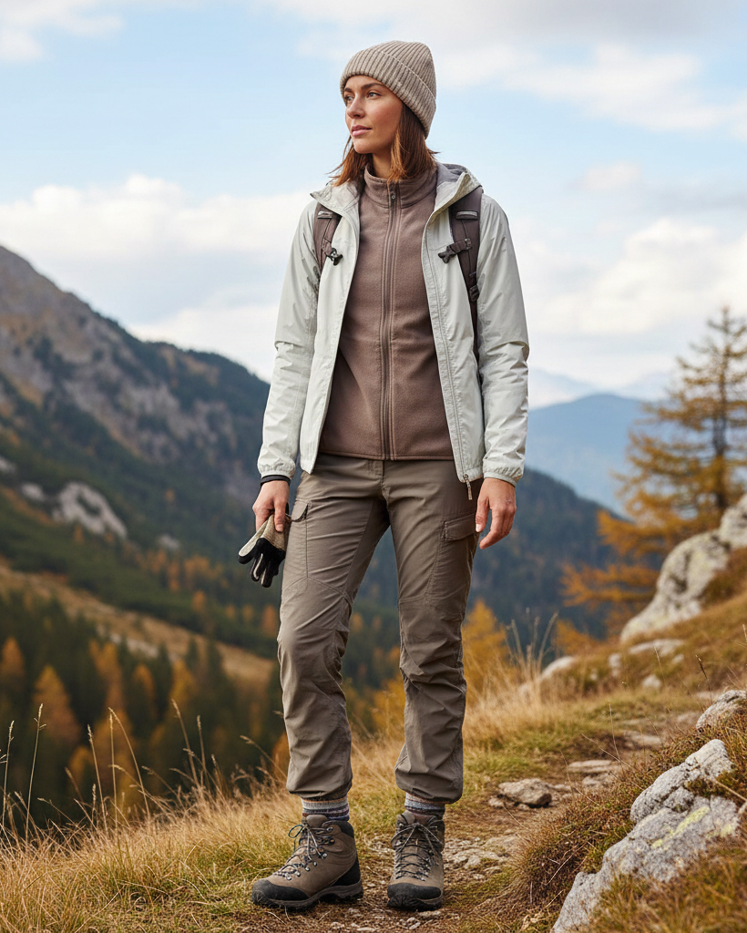 Escursionista in montagna in autunno con abbigliamento a strati: pile marrone, giacca guscio chiara, pantaloni tecnici lunghi, berretto in lana e scarponi.