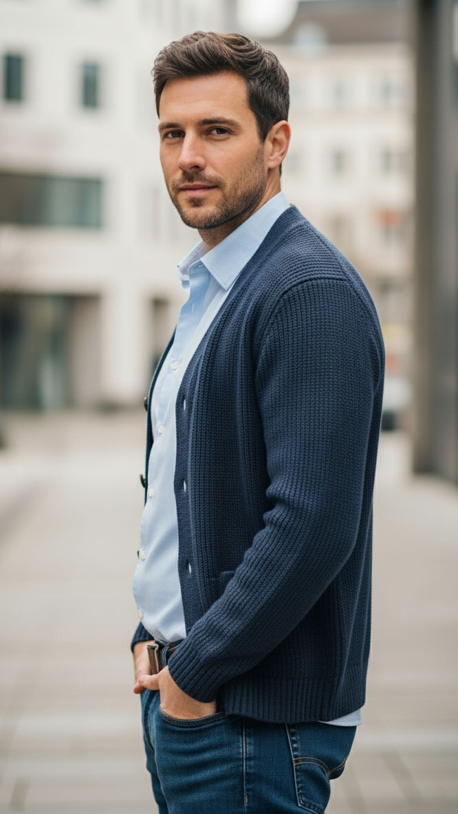 Uomo sorridente con jeans, camicia azzurra e cardigan blu in un contesto urbano, ideale per un outfit autunnale a settembre.
