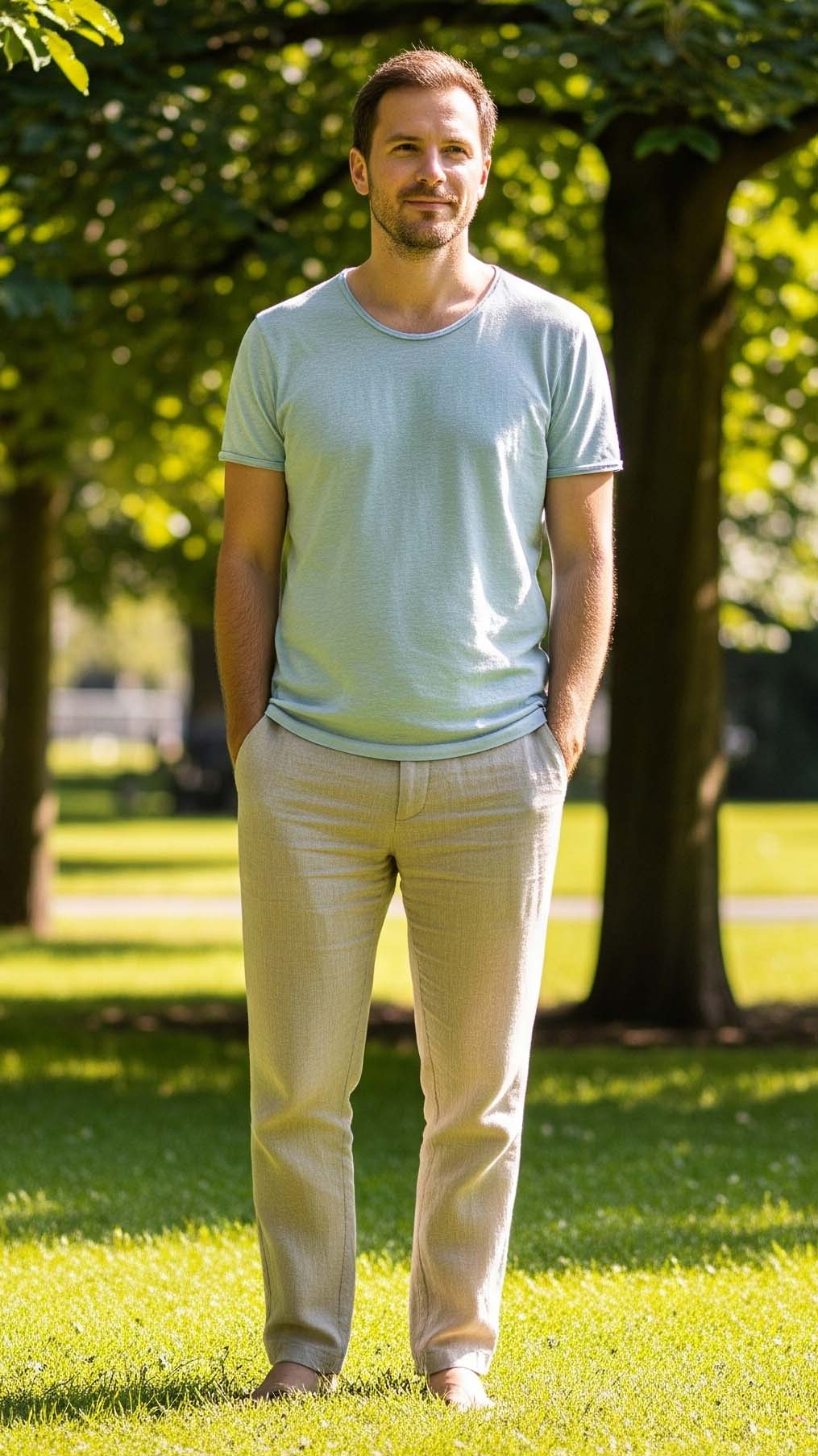 Uomo in un parco con outfit casual per 25 gradi: indossa una t-shirt azzurra in cotone leggero e pantaloni beige, ideale per il relax.

