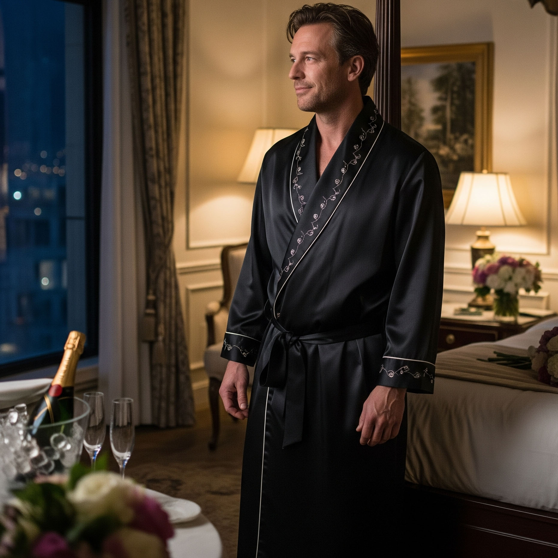 Uomo indossa un'elegante vestaglia da camera nera in una suite di lusso per la sua prima notte di nozze.

