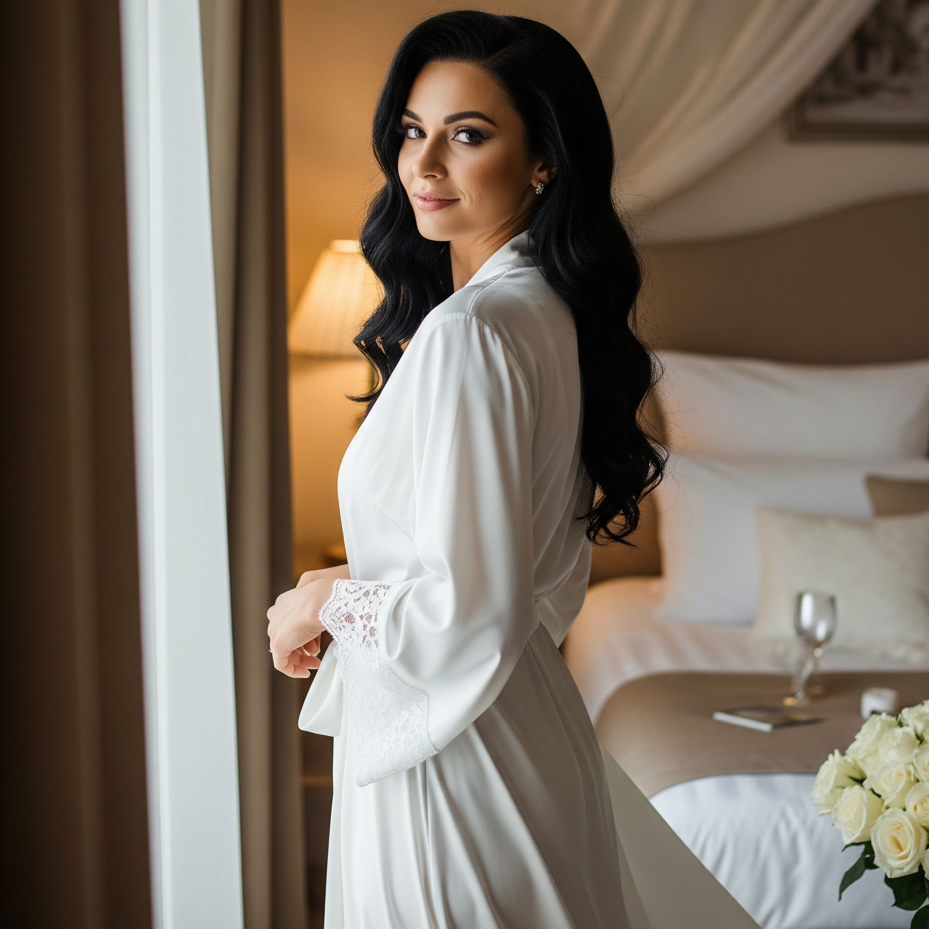 Donna indossa un'elegante vestaglia di seta bianca con dettagli in pizzo, pronta per la prima notte di nozze in una lussuosa camera da letto.

