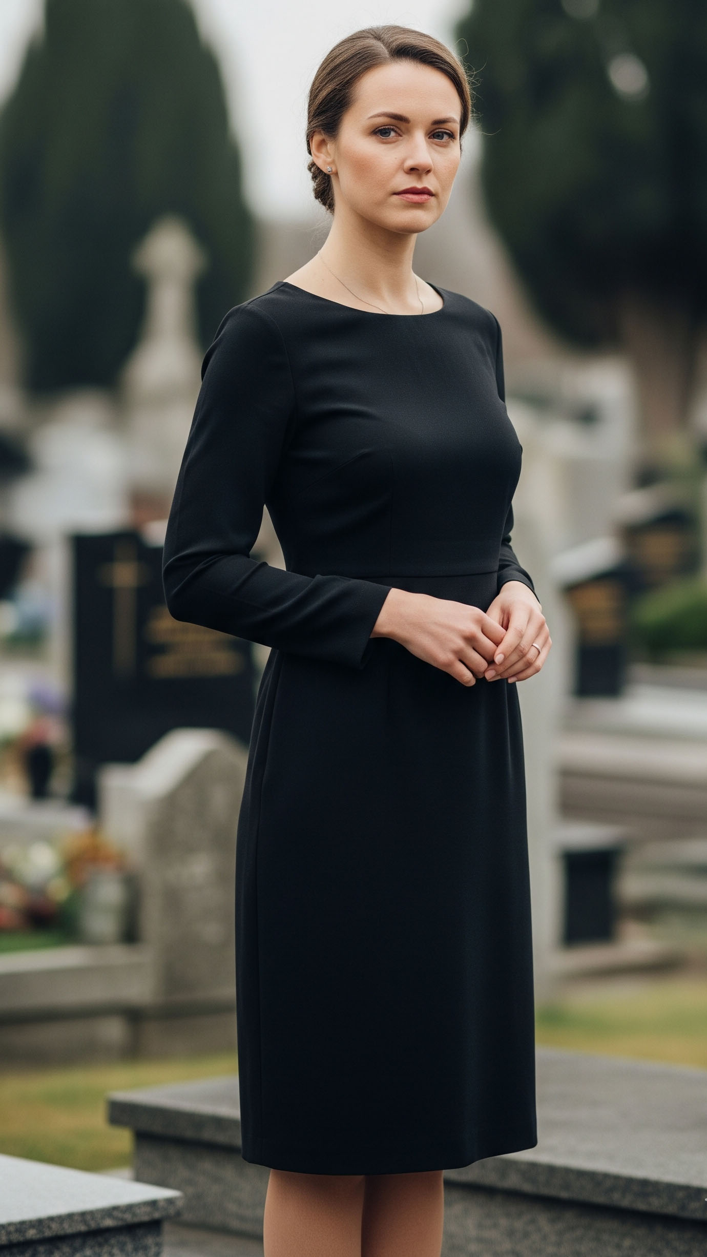 Donna in chiesa vestita con abito nero elegante in tessuto opaco, look discreto e rispettoso per un funerale.