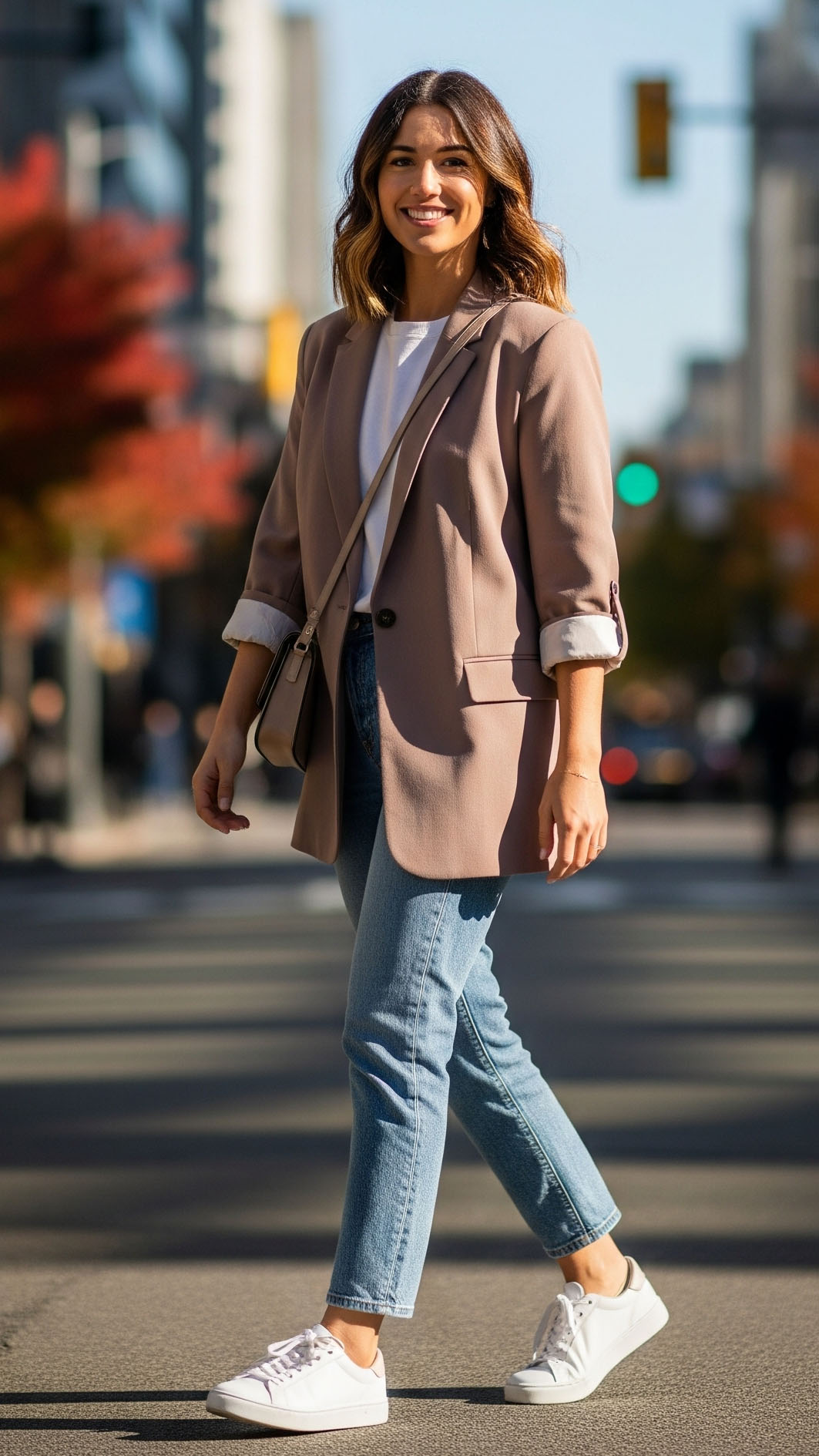 Donna con blazer oversize beige, t-shirt bianca e jeans dritti, look casual chic perfetto per settembre.