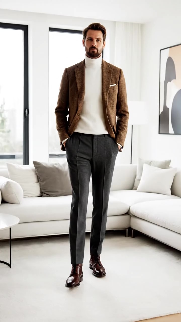 Outfit maschile invernale con giacca in tweed marrone spinato e lupetto in cashmere color crema.