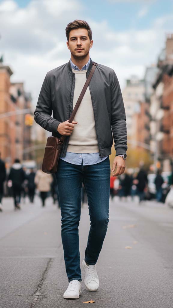 Uomo con outfit stratificato per 14 gradi, indossa camicia, maglione leggero, giacca casual, jeans e sneakers bianche mentre cammina in città in una giornata di mezza stagione.