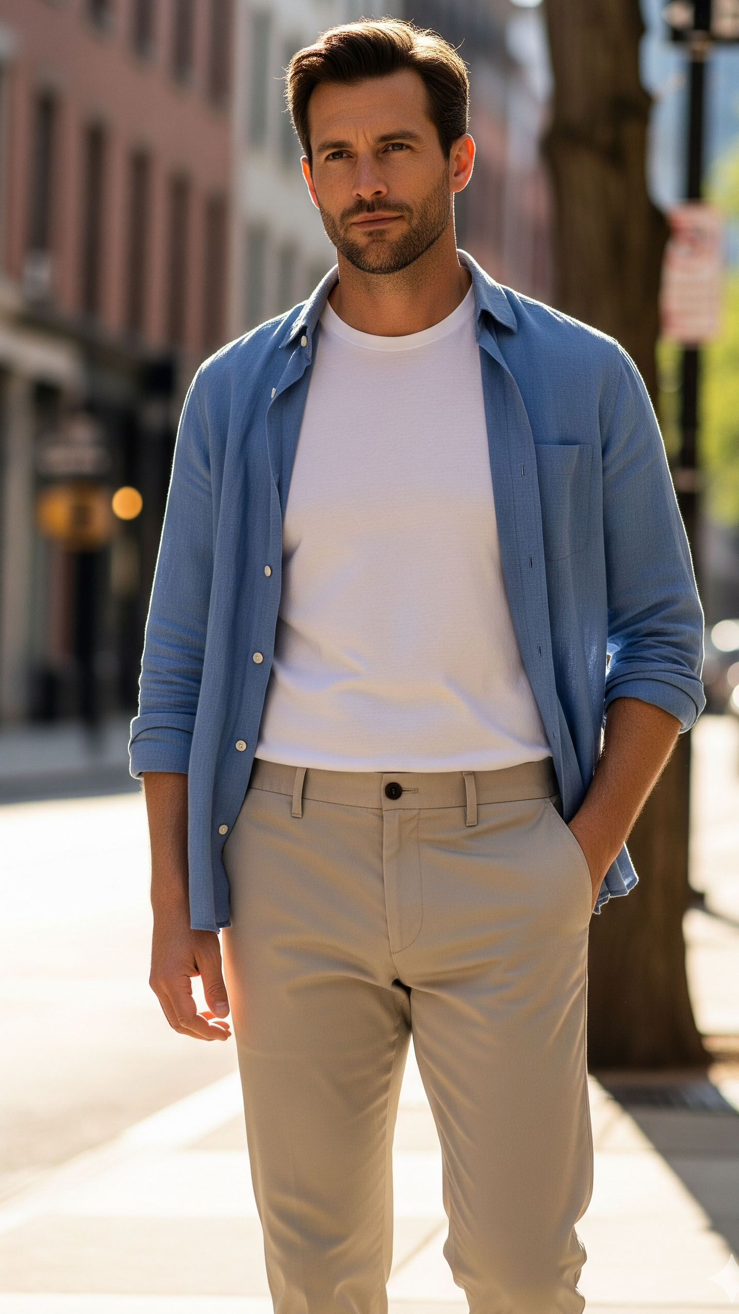 Come Vestirsi a 23 Gradi Uomo: Guida Outfit 2025 per Lui 3 Uomo con T-shirt bianca e camicia di lino azzurra sbottonata, look casual e stratificato ideale per 23 gradi.