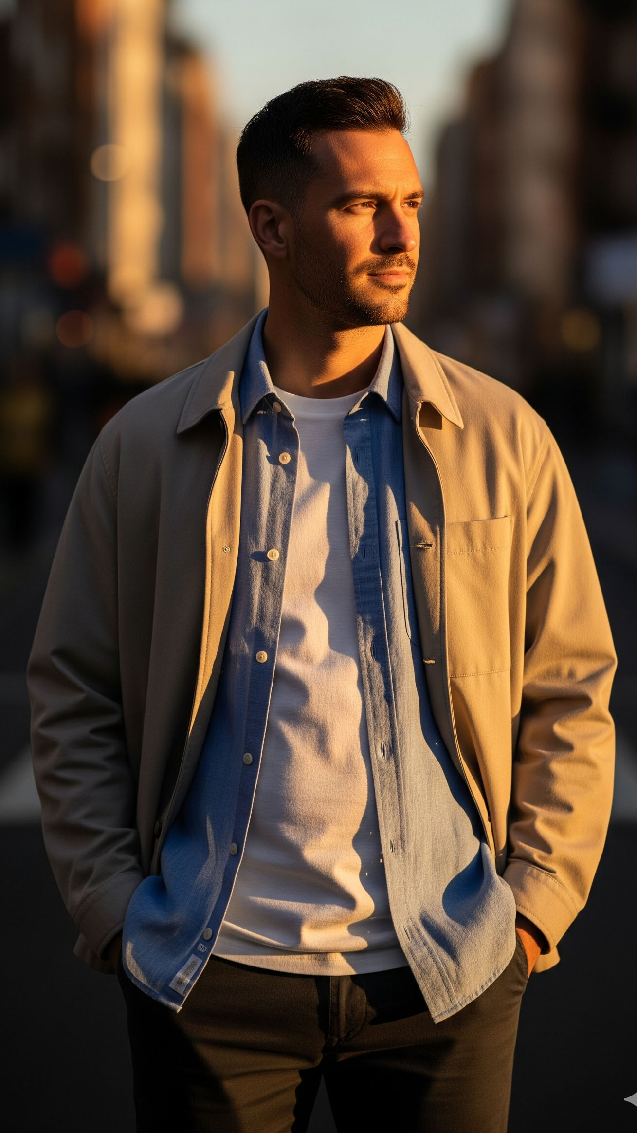 Come Vestirsi a 23 Gradi Uomo: Guida Outfit 2025 per Lui 4 Uomo con T-shirt bianca, camicia azzurra e giacca leggera color sabbia, outfit a strati elegante e pratico per 23 gradi alla sera.