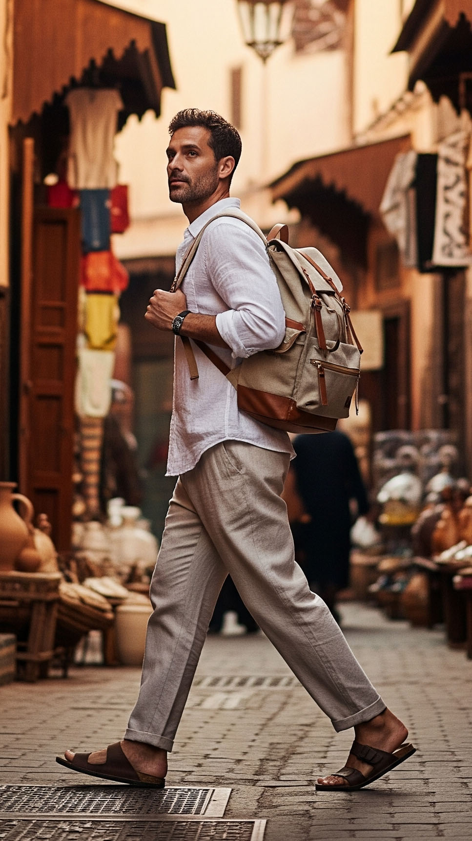 Uomo che cammina in una medina marocchina indossando camicia di lino chiara, pantaloni beige e sandali, con zaino da viaggio sulle spalle.