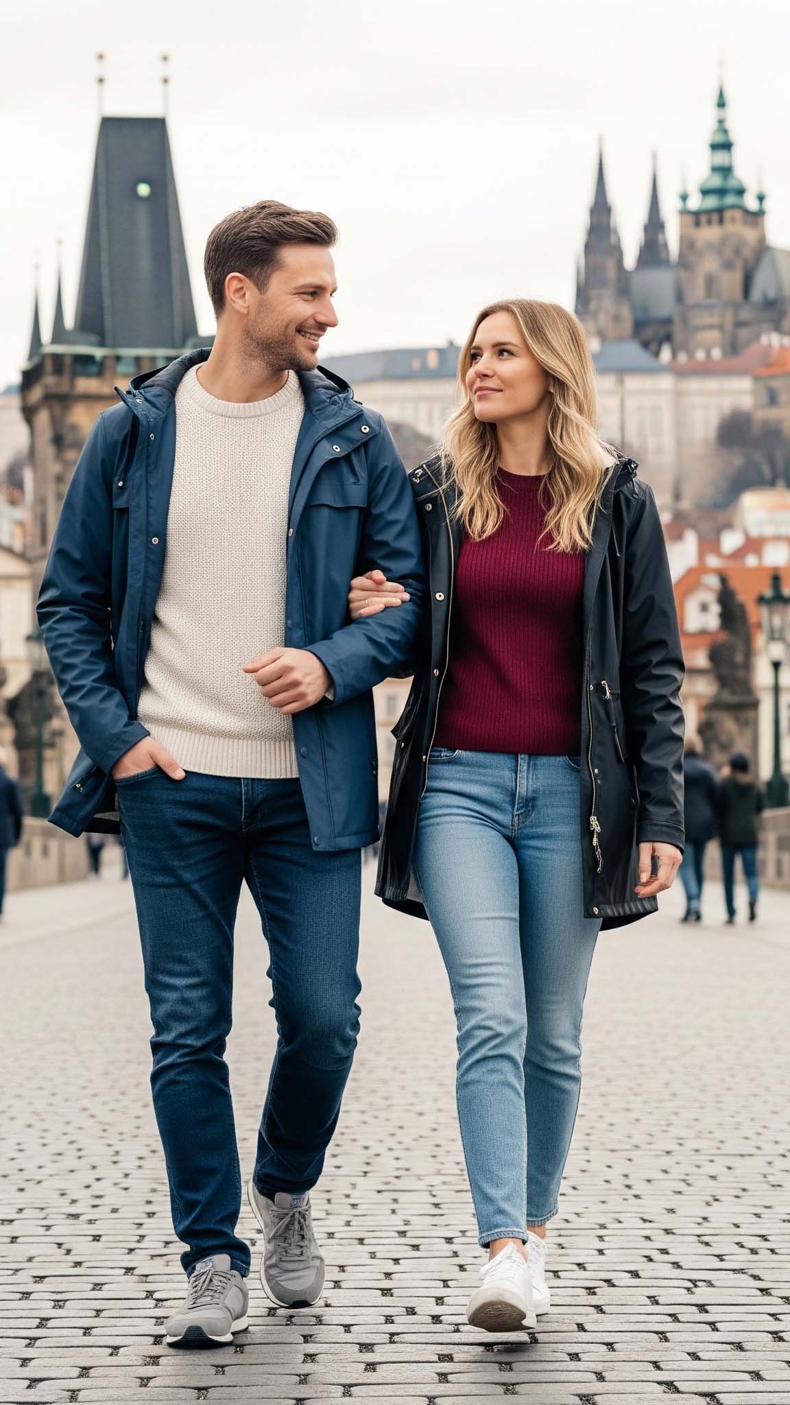 Coppia a Praga sul Ponte Carlo, vestiti con jeans, maglioncini e giacche antipioggia. Indossano sneakers per una camminata comoda durante un viaggio in primavera o autunno.