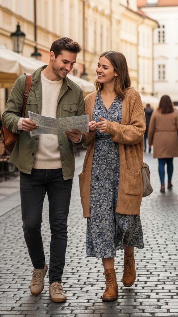 Coppia di turisti sorridenti a Praga con un look smart casual, lei in vestito floreale e cardigan, lui con maglione e giacca. Entrambi indossano scarpe comode e stanno leggendo una mappa per esplorare la città.