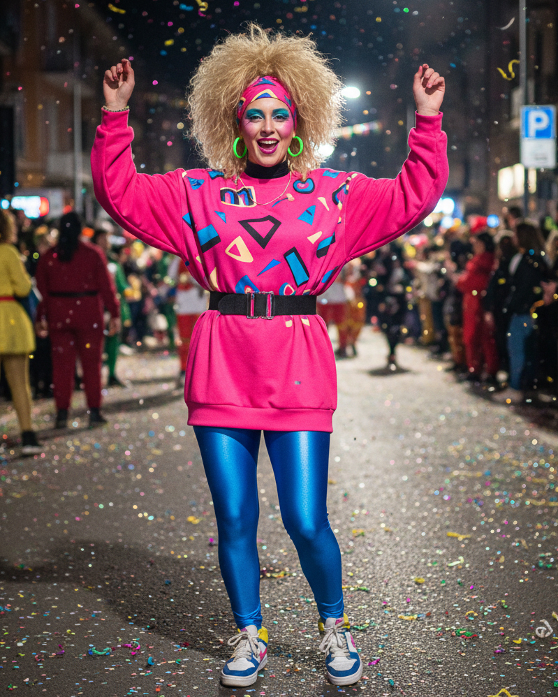 Ragazza con costume anni 80 per Carnevale: felpa fucsia oversize con cintura, leggings blu lucidi, capelli cotonati con fascia e trucco colorato durante una festa in strada.