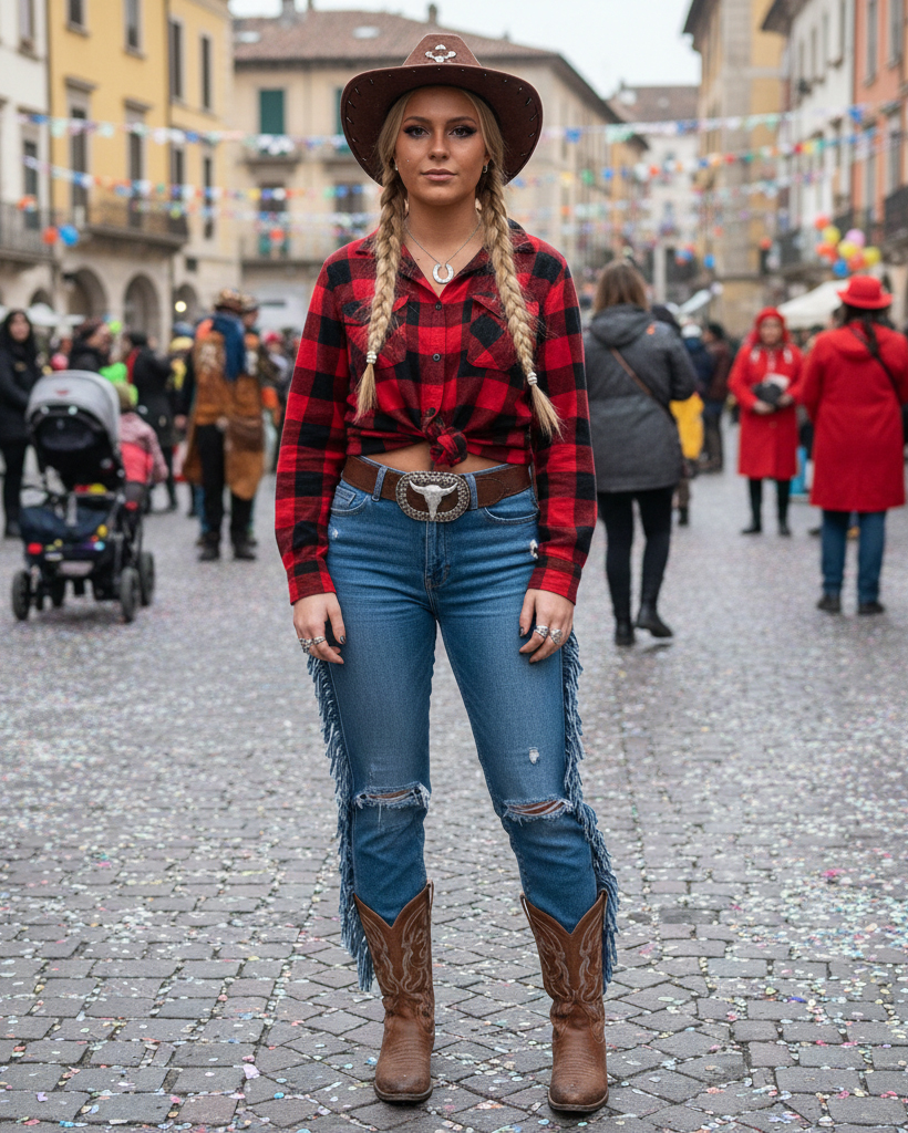 Ragazza con costume da cowgirl composto da camicia a quadri rossa e nera, jeans con frange, cappello texano e stivali marroni.