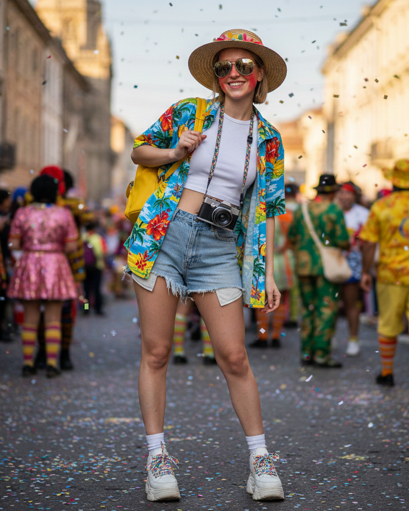 Ragazza con costume di Carnevale da turista esagerata, maglietta bianca, camicia floreale aperta, pantaloncini di jeans, macchina fotografica al collo e trucco effetto scottatura solare durante una parata.