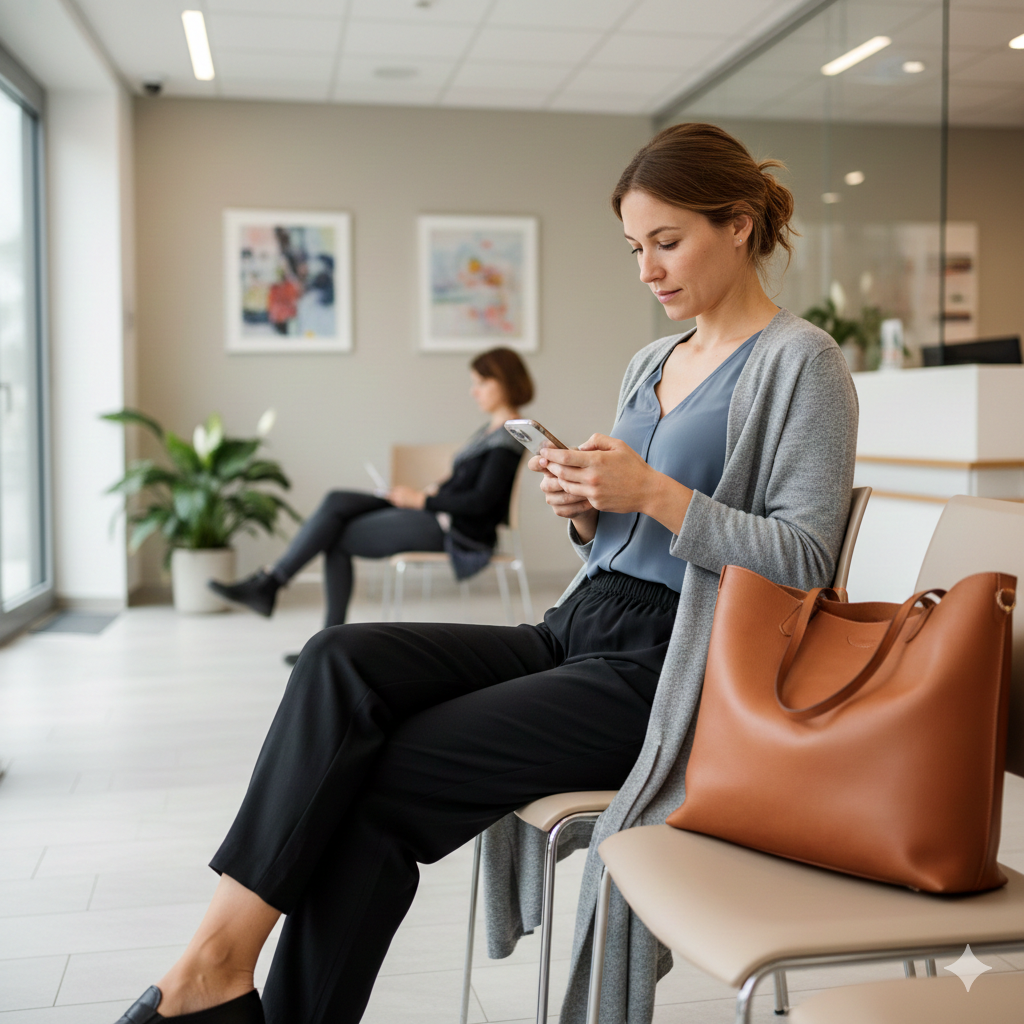 Donna europea in sala d'attesa medica che indossa pantaloni neri morbidi, blusa azzurra e cardigan lungo grigio, con una borsa capiente accanto.