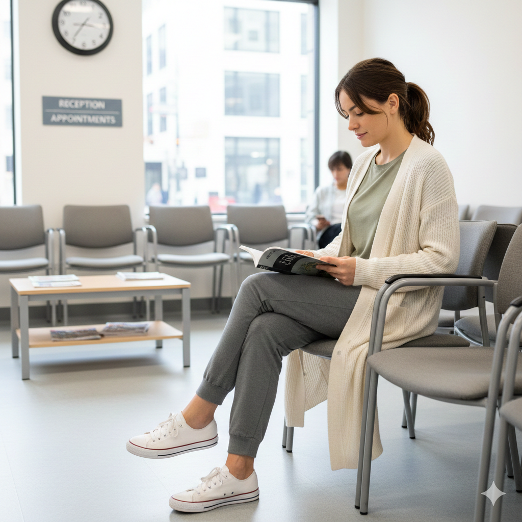 Donna seduta in una sala d'attesa medica che indossa pantaloni jogger grigi, t-shirt verde salvia, cardigan lungo bianco e sneakers classiche.