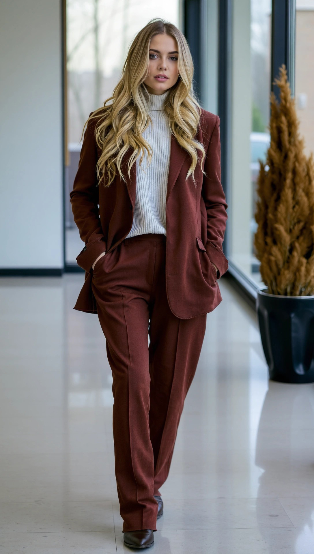 Donna con elegante blazer oversize, pantalone color mattone e dolcevita in maglia bianca, un look professionale e raffinato per l'autunno