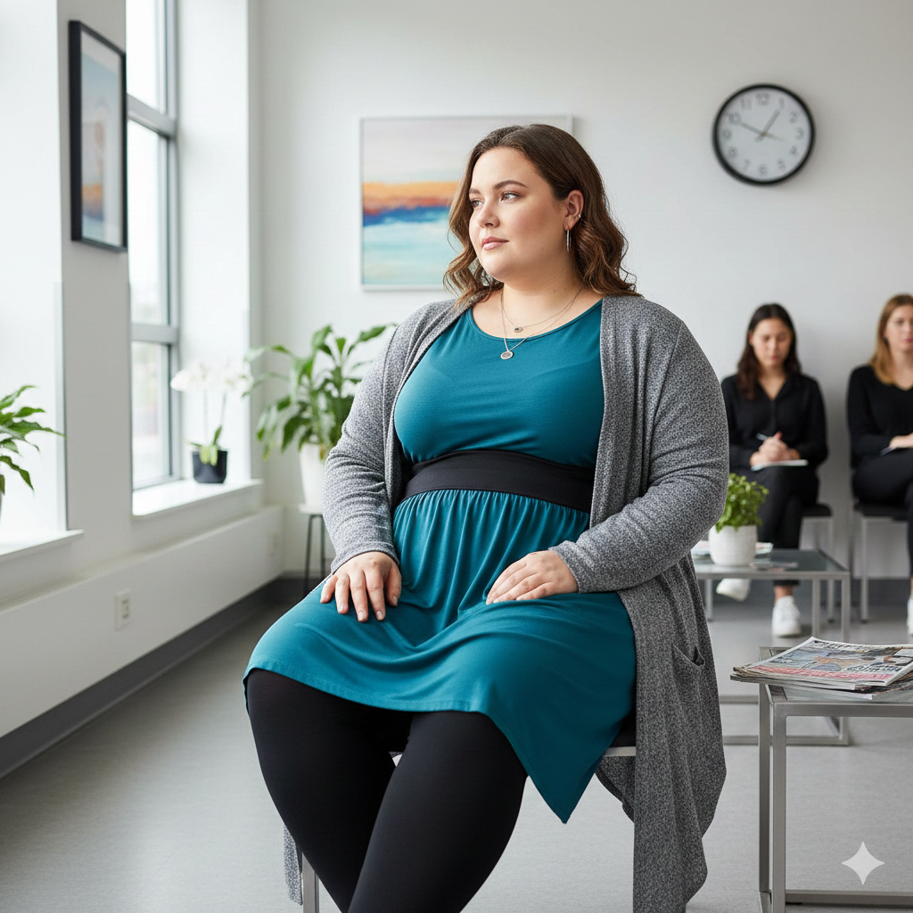 Ritratto di una donna curvy europea seduta in una sala d'attesa medica luminosa, che indossa leggings neri a vita alta, una tunica blu petrolio morbida e un cardigan grigio aperto.
