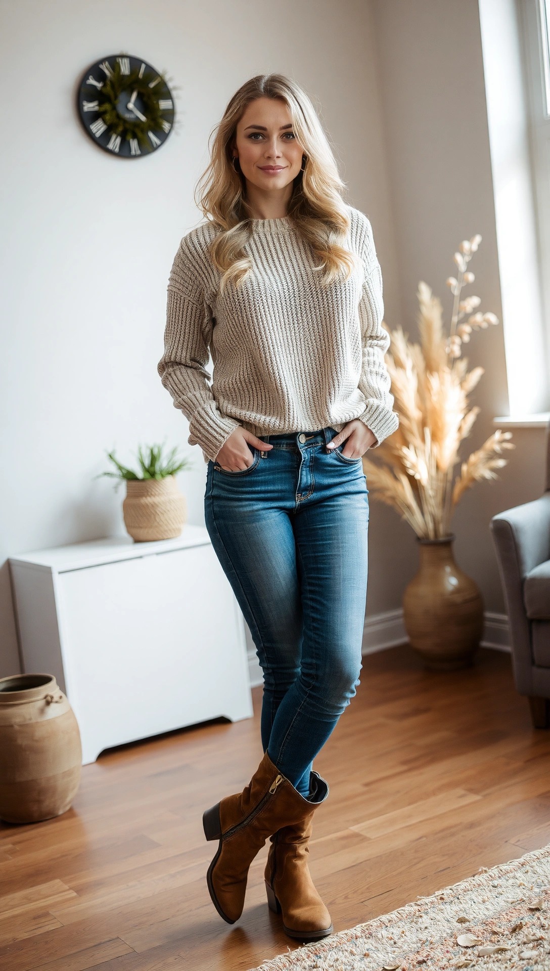 Donna con maglione in maglia beige, jeans skinny e stivali scamosciati marroni, un outfit autunnale casual e confortevole.