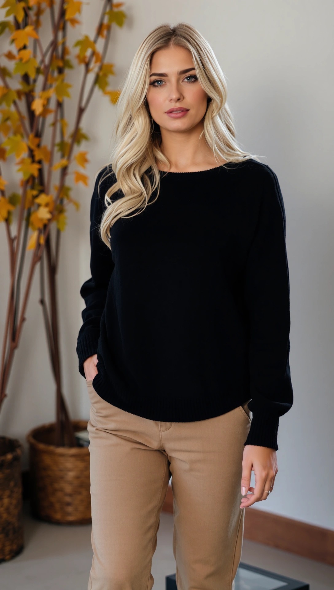 Donna con maglione nero e pantaloni chino color cammello, outfit autunnale casual chic e versatile.