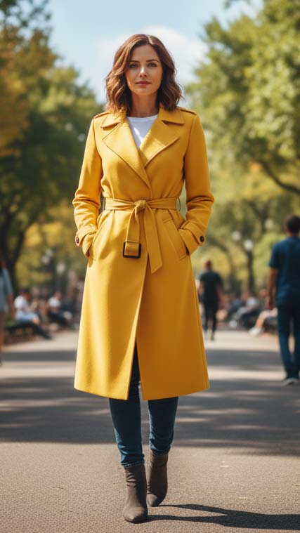 Una donna sorridente indossa un trench giallo primaverile, jeans e una t-shirt, mentre passeggia lungo il sentiero di un parco in una giornata di sole. L'immagine rappresenta un perfetto outfit da mezza stagione, fresco e alla moda.