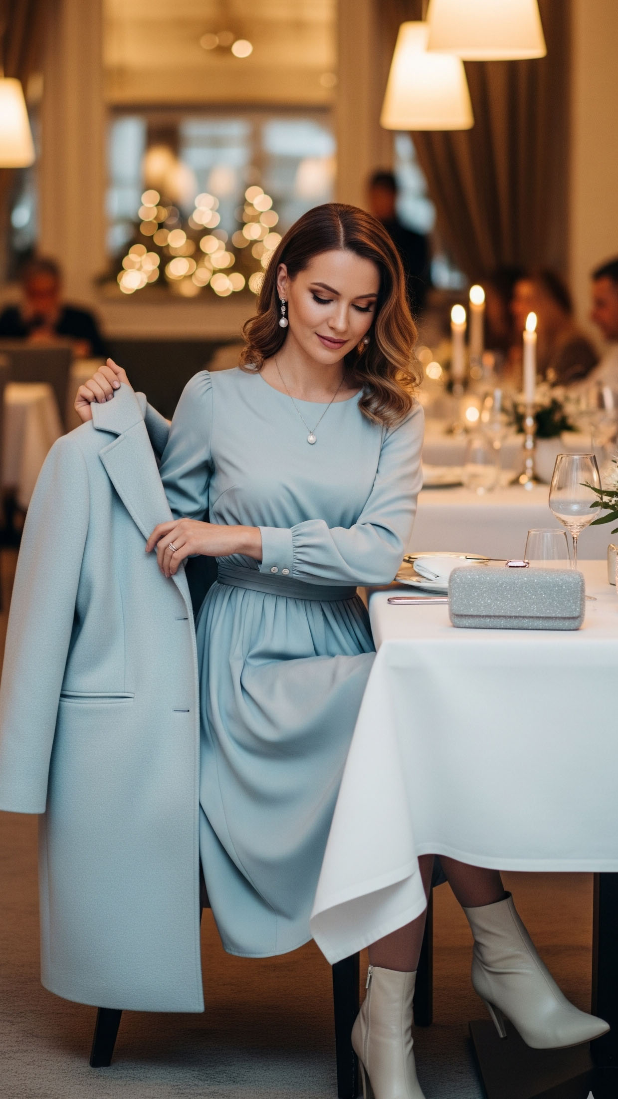 Outfit chic da battesimo invernale per donna: abito azzurro e cappotto coordinato in un ambiente elegante con luci soffuse.