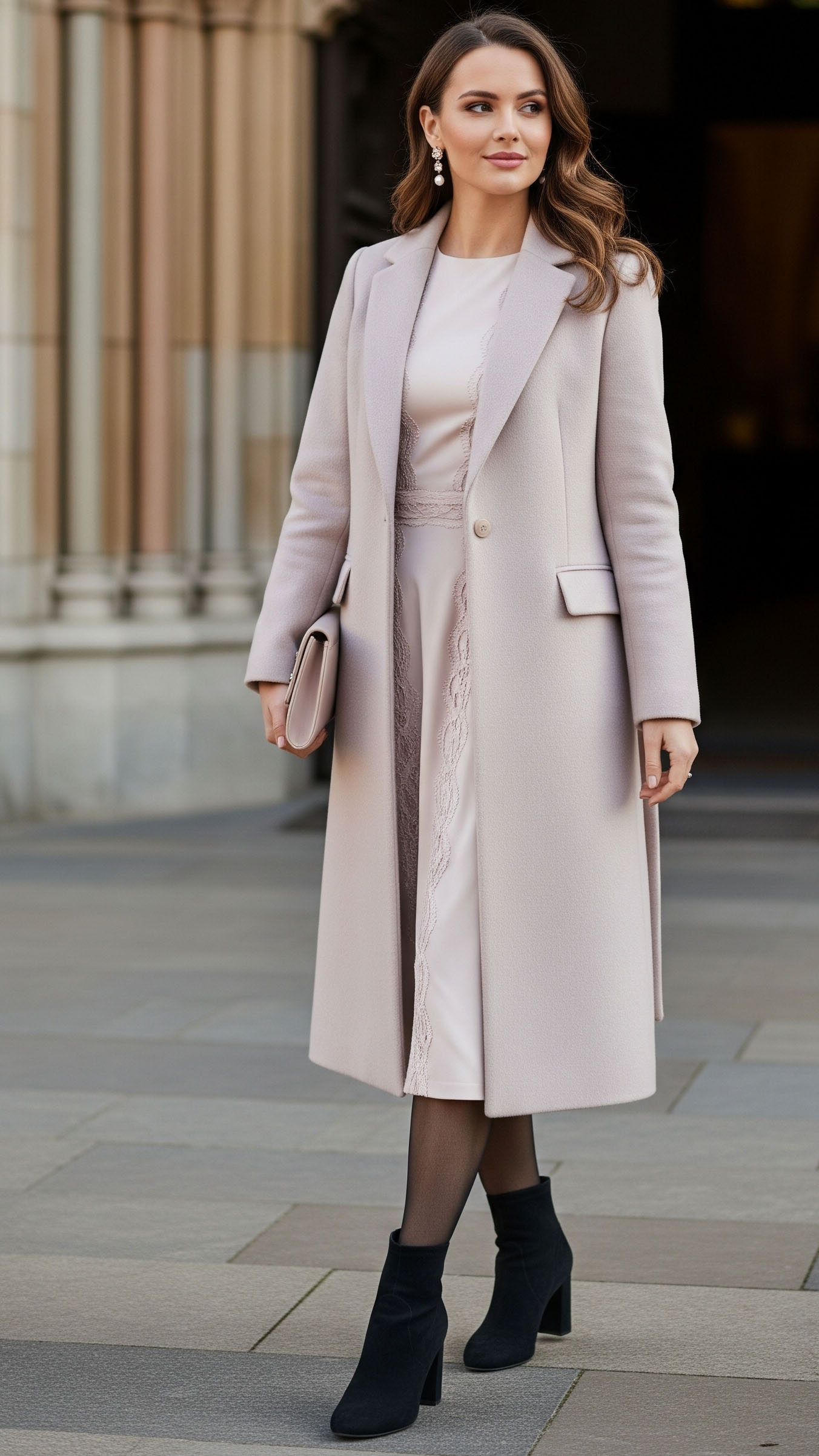 Donna elegante con cappotto rosato e abito midi, davanti a una chiesa in inverno, look perfetto per un battesimo invernale.