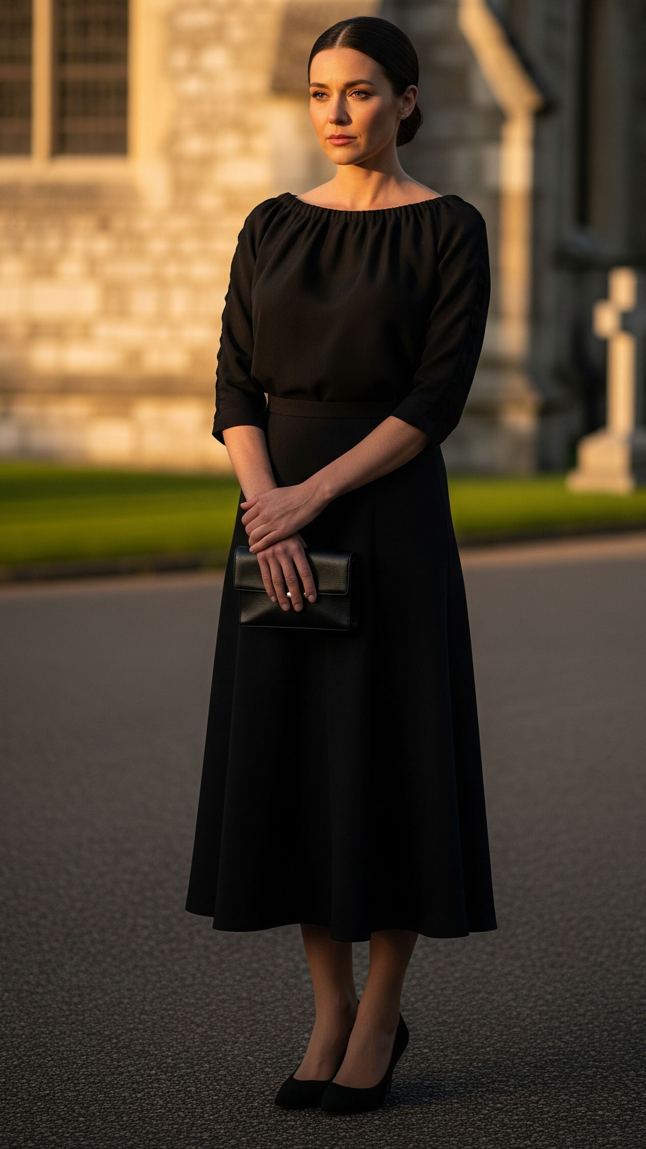 Donna davanti a una chiesa con abito nero lungo al polpaccio, maniche tre quarti e clutch nera, outfit sobrio per funerale