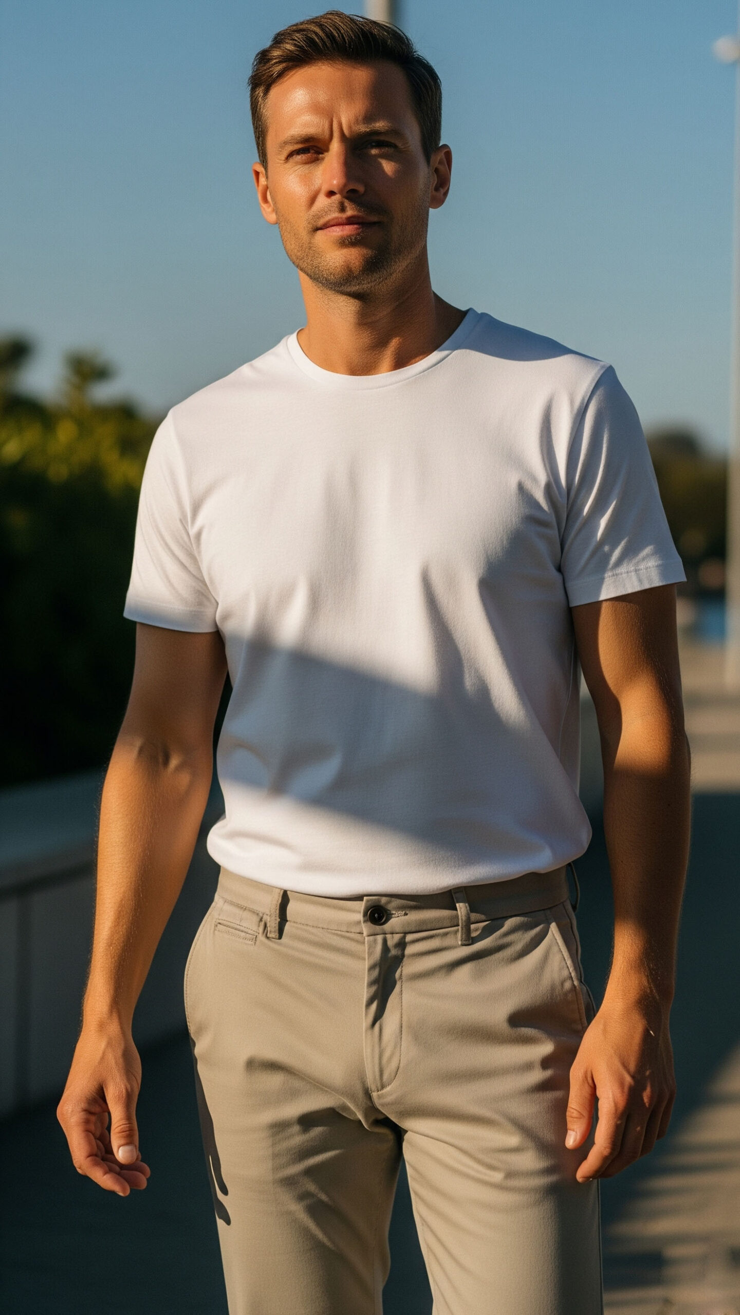 Come Vestirsi a 23 Gradi Uomo: Guida Outfit 2025 per Lui 2 Uomo con T-shirt bianca e pantaloni beige, outfit semplice e leggero perfetto per 23 gradi in una giornata calda.