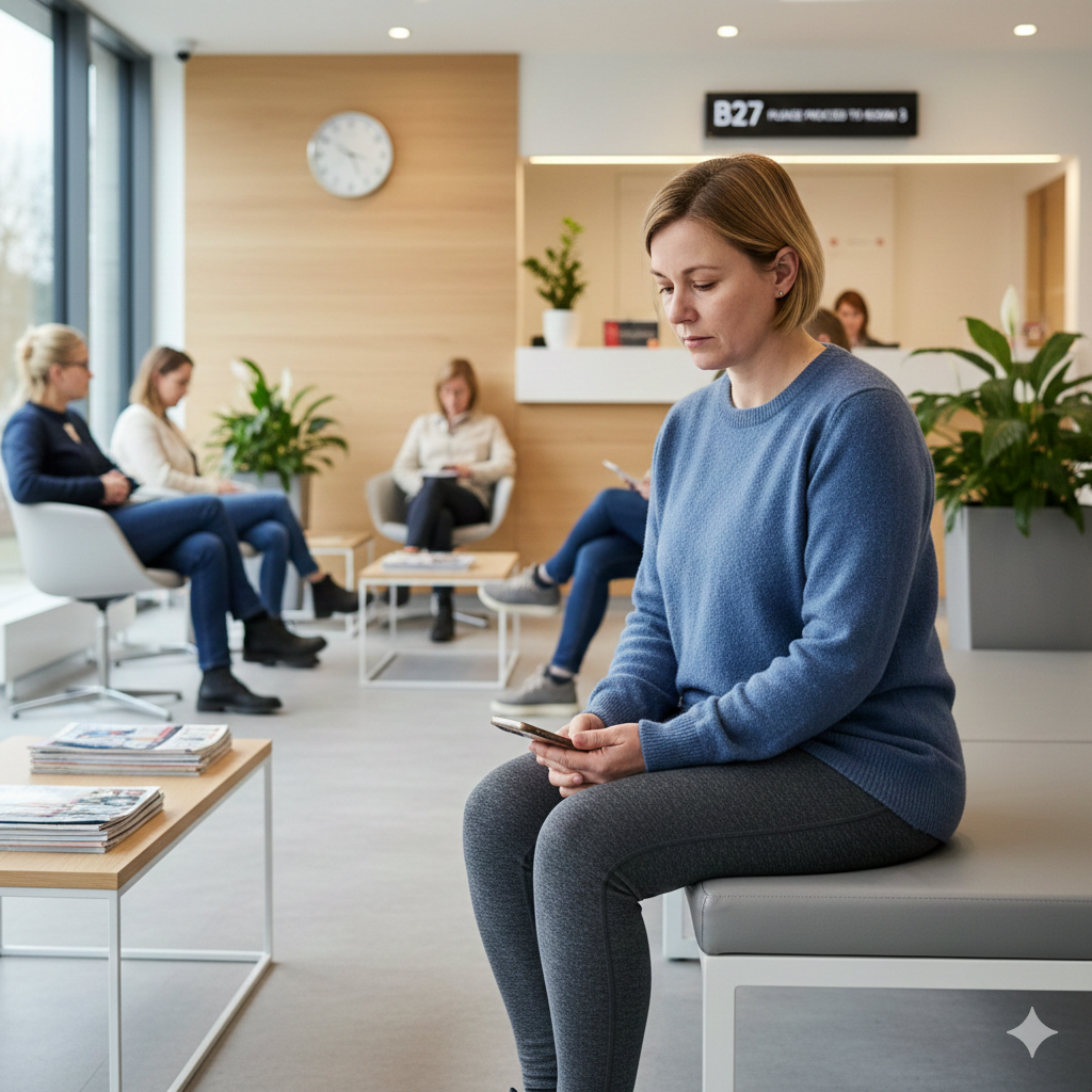 Una donna europea seduta nella sala d'attesa di un ambulatorio medico moderno, indossa un maglione blu morbido e leggings scuri senza zip mentre guarda il cellulare