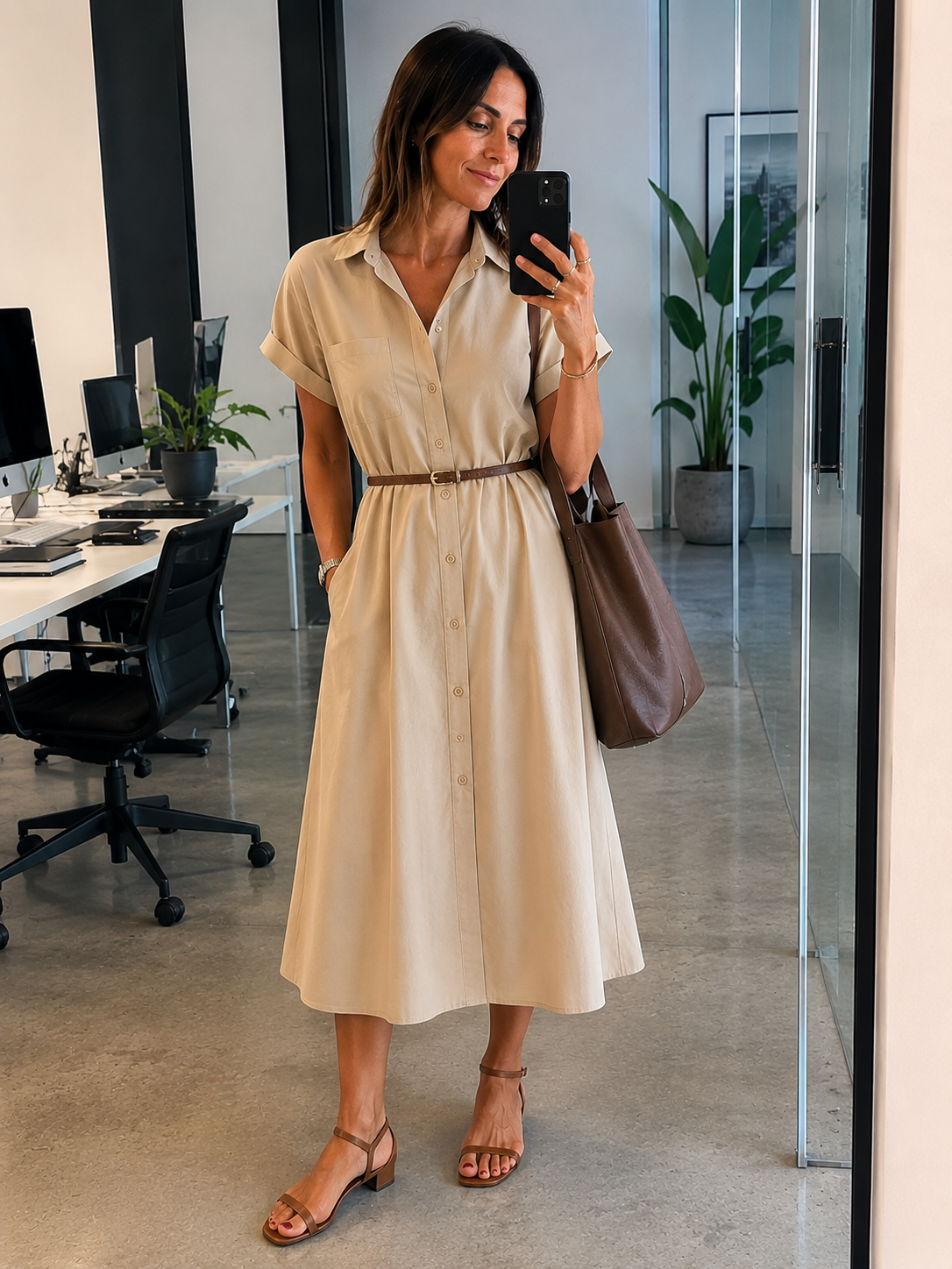 Outfit donna con abito chemisier in cotone beige a manica corta e cintura sottile in vita