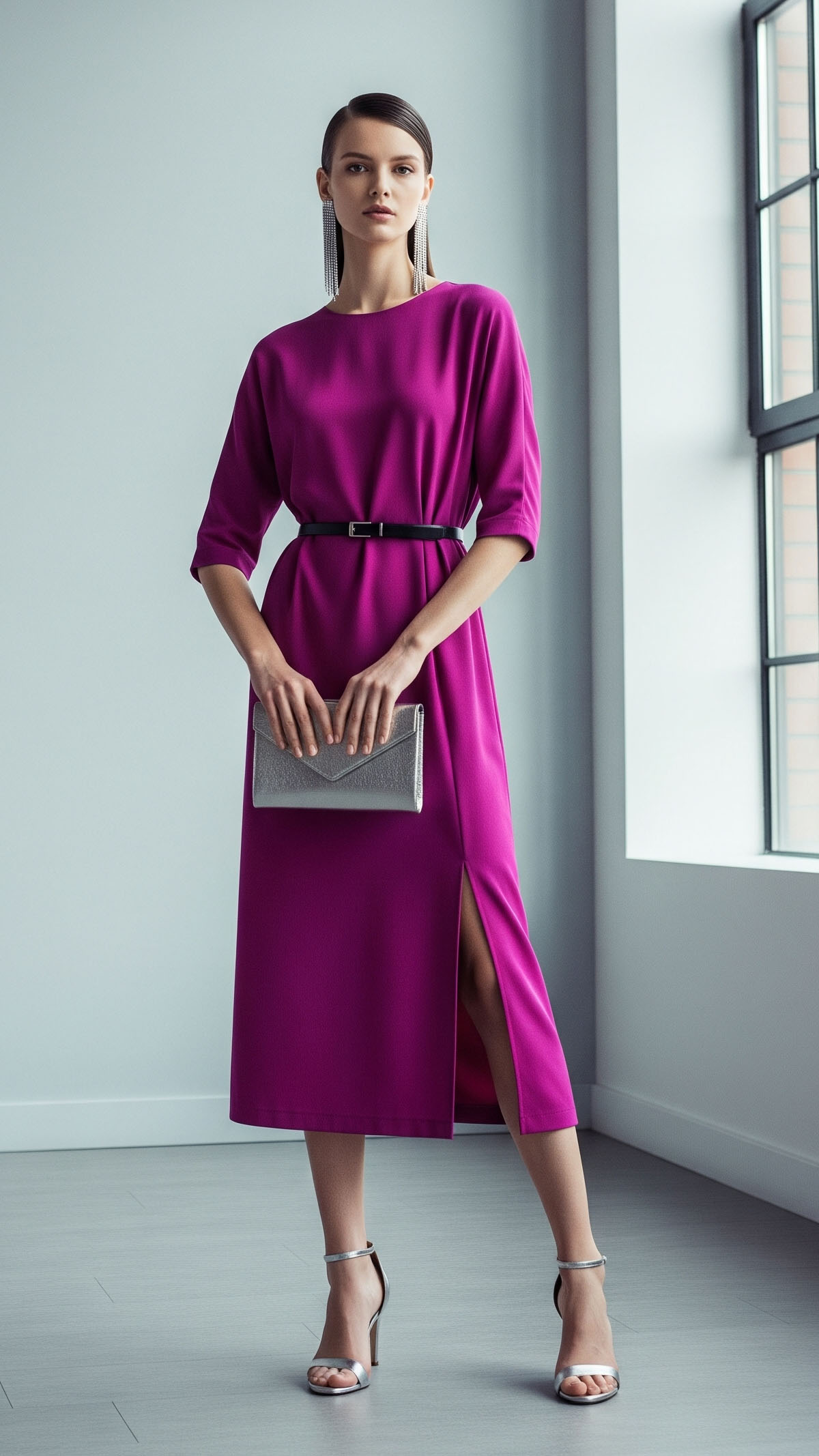 Donna sofisticata in abito magenta con cintura nera e clutch argentata, scarpe con tacco e accessori glamour, ambientazione moderna minimalista.